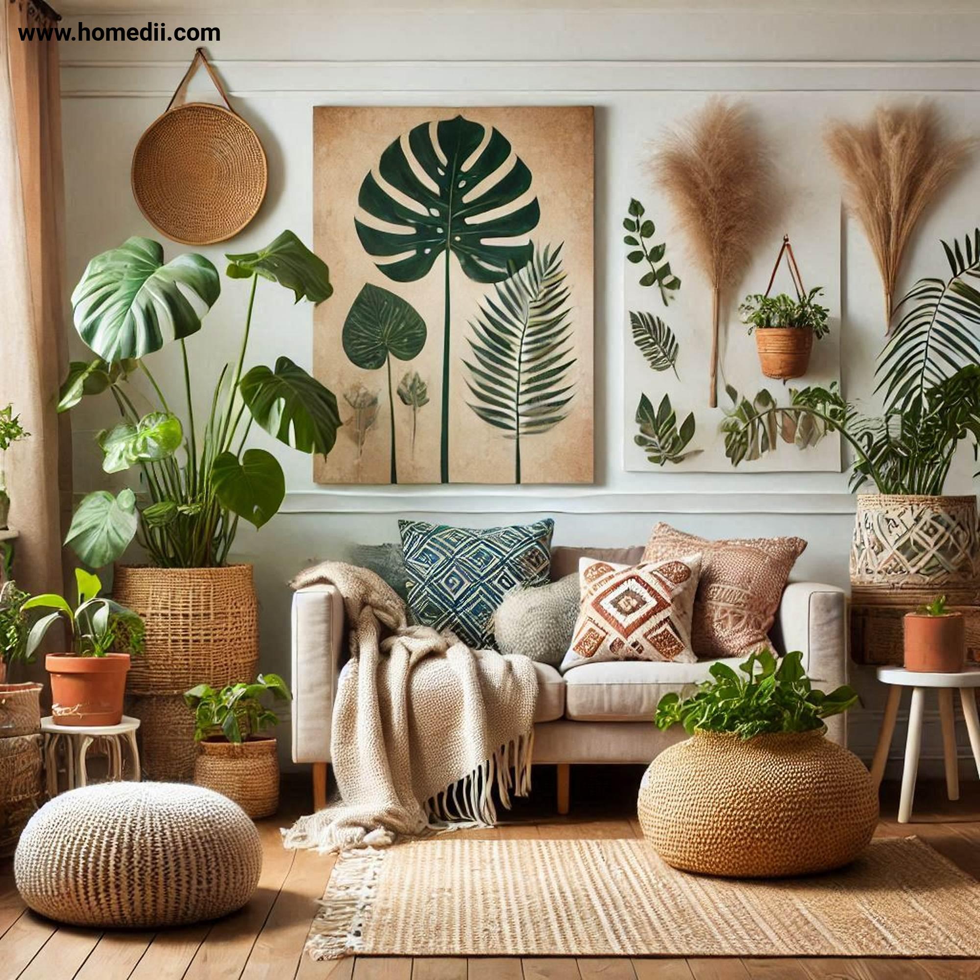 Bohemian Living Room - Introduce Indoor Plants with Monstera, Fiddle-Leaf Figs, Pothos, Woven Baskets, Terracotta Pots!