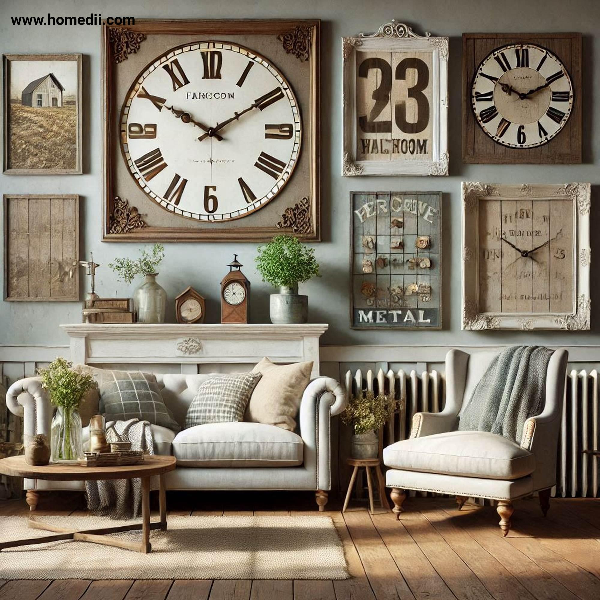 Farmhouse Living Room - Incorporate Vintage Accents with Distressed Picture Frames, Antique Wall Clocks, Weathered Metal Signs!