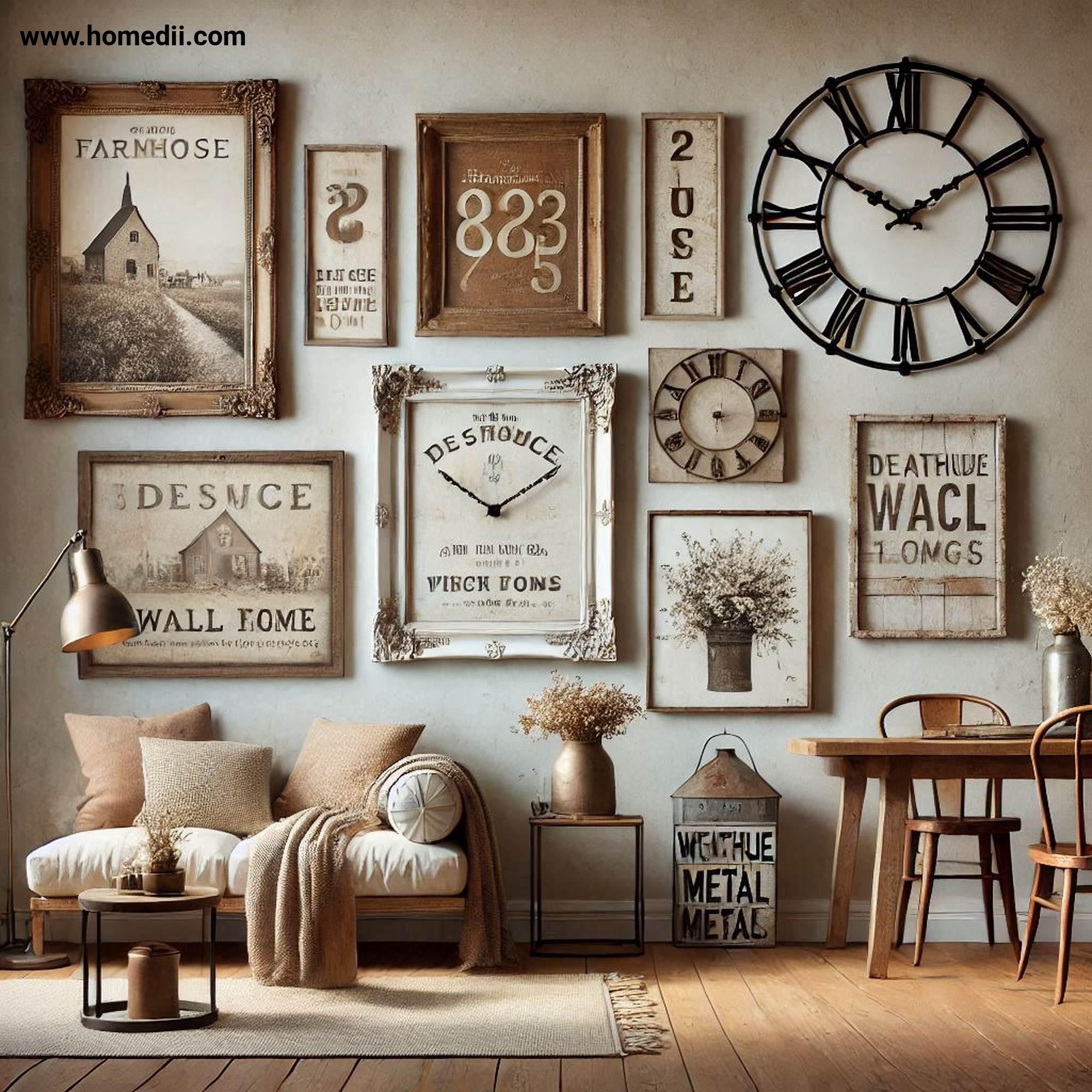 Farmhouse Living Room - Incorporate Vintage Accents with Distressed Picture Frames, Antique Wall Clocks, Weathered Metal Signs!