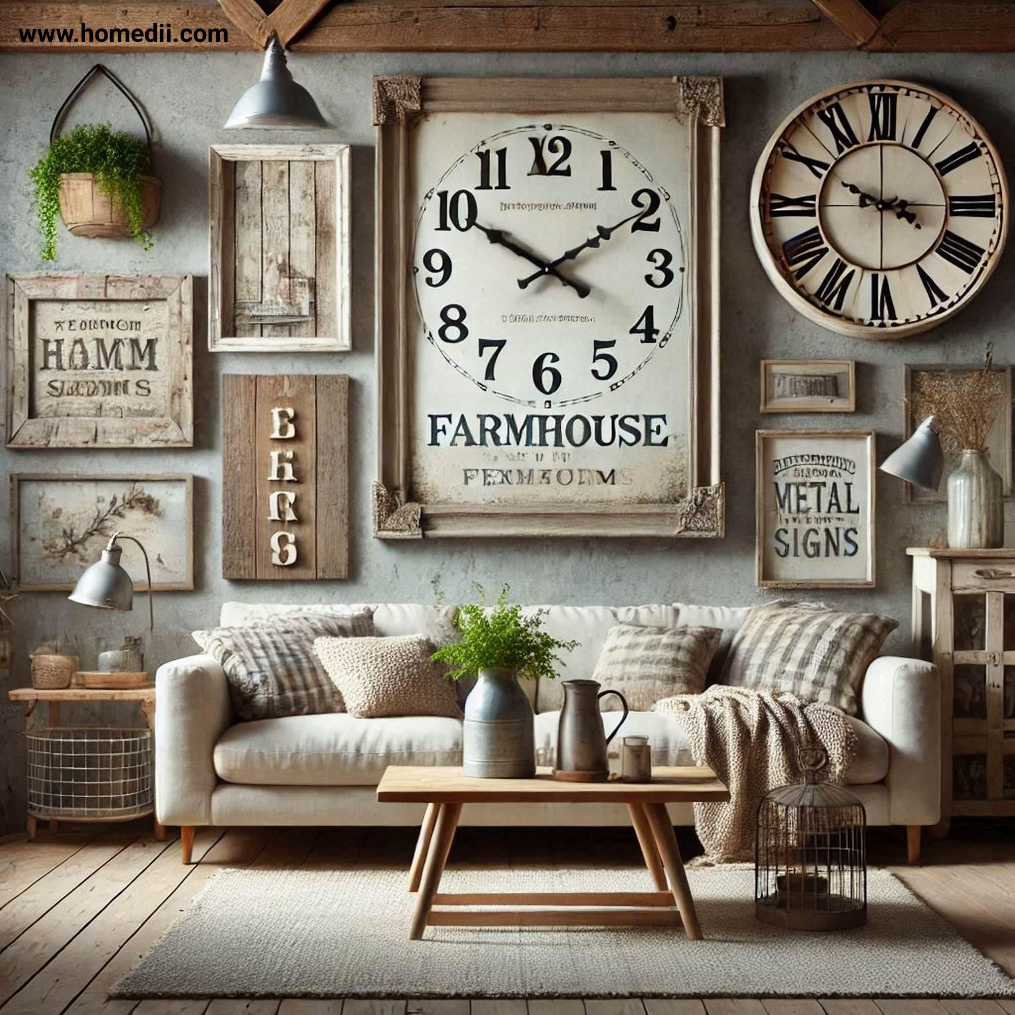 Farmhouse Living Room - Incorporate Vintage Accents with Distressed Picture Frames, Antique Wall Clocks, Weathered Metal Signs!