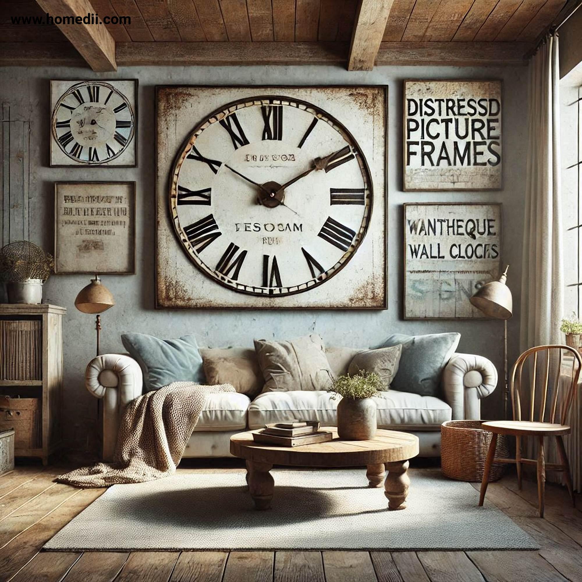 Farmhouse Living Room - Incorporate Vintage Accents with Distressed Picture Frames, Antique Wall Clocks, Weathered Metal Signs!