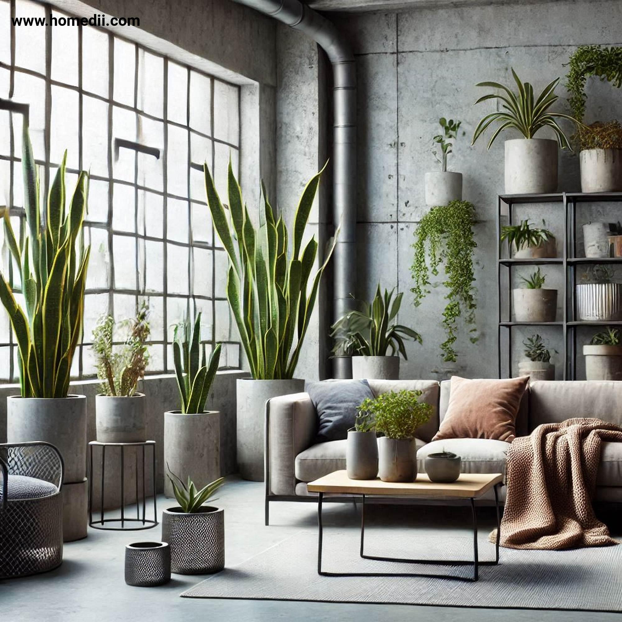 Industrial Living Room - Add Greenery With Plants with Plants, Snake Plants, Ferns, Succulents, Concrete Pots, Metal Pots!
