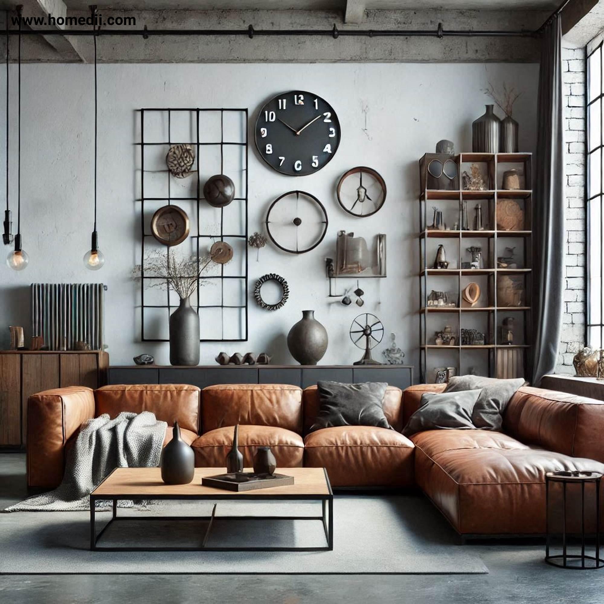 Industrial Living Room - Embrace A Neutral And Earthy Color Palette with Color Palette, Grays, Whites, Blacks, Browns, Beiges, Greens, Concrete, Leather!