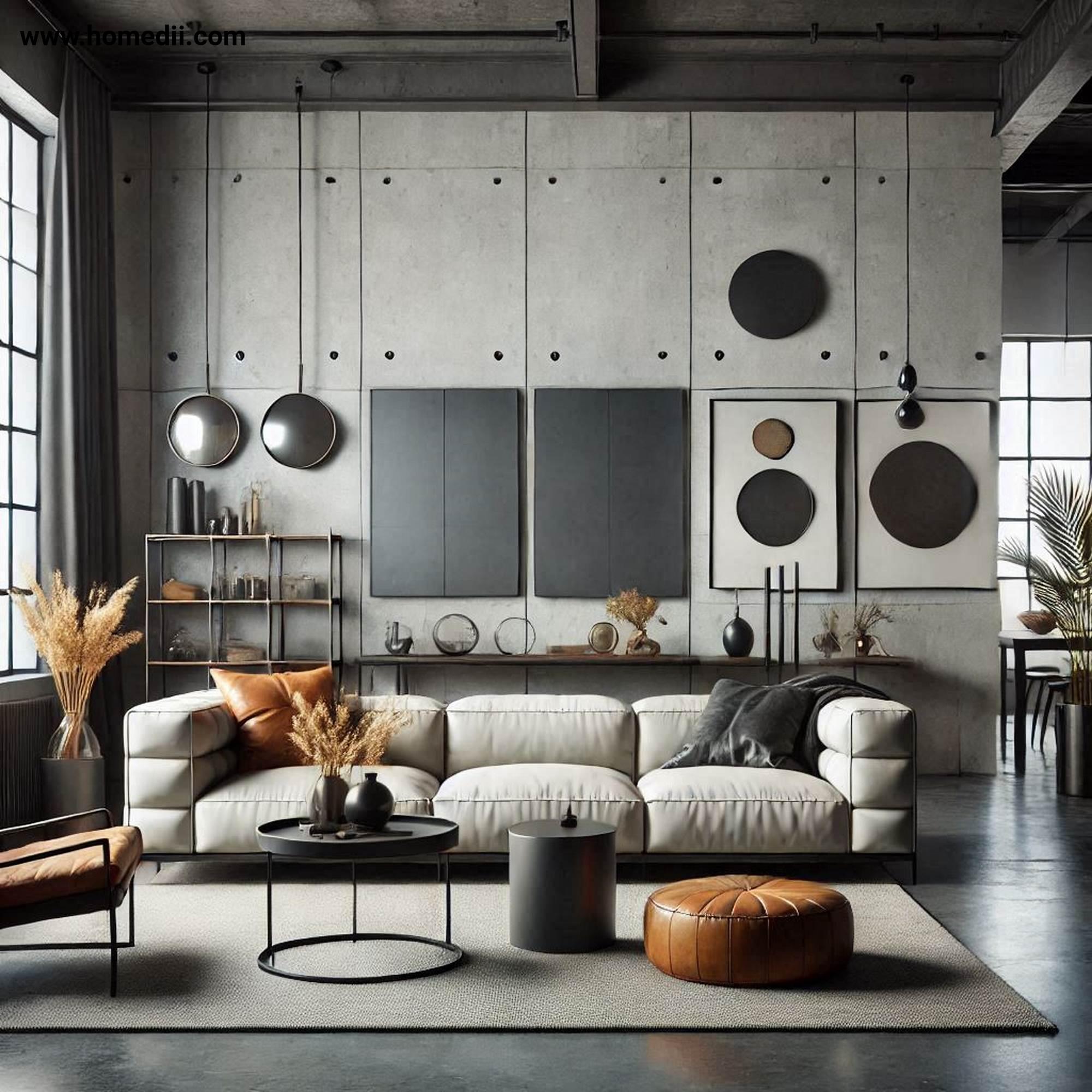 Industrial Living Room - Embrace A Neutral And Earthy Color Palette with Color Palette, Grays, Whites, Blacks, Browns, Beiges, Greens, Concrete, Leather!