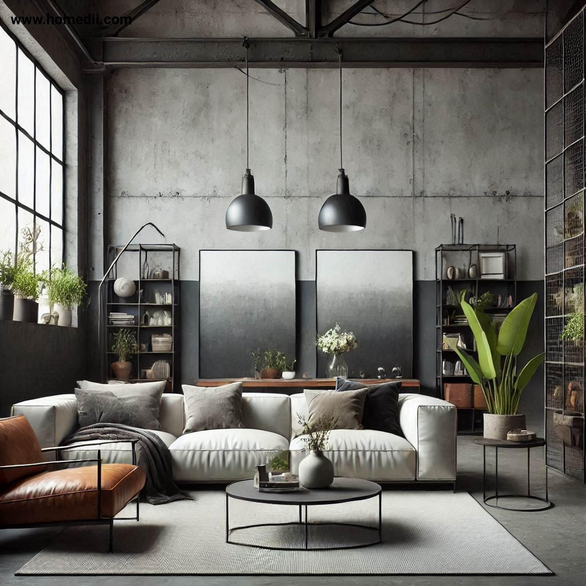 Industrial Living Room - Embrace A Neutral And Earthy Color Palette with Color Palette, Grays, Whites, Blacks, Browns, Beiges, Greens, Concrete, Leather!