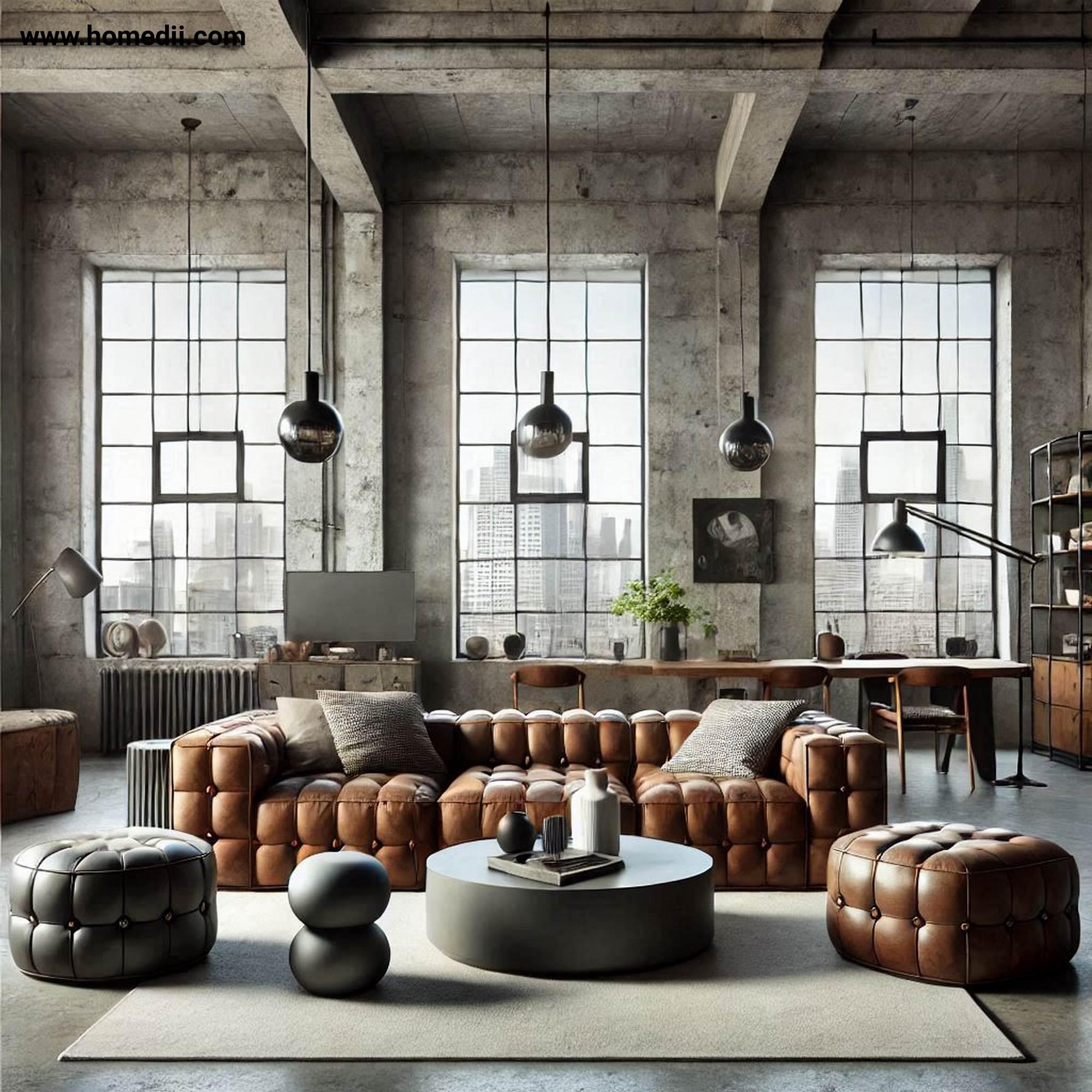 Industrial Living Room - Embrace A Neutral And Earthy Color Palette with Color Palette, Grays, Whites, Blacks, Browns, Beiges, Greens, Concrete, Leather!
