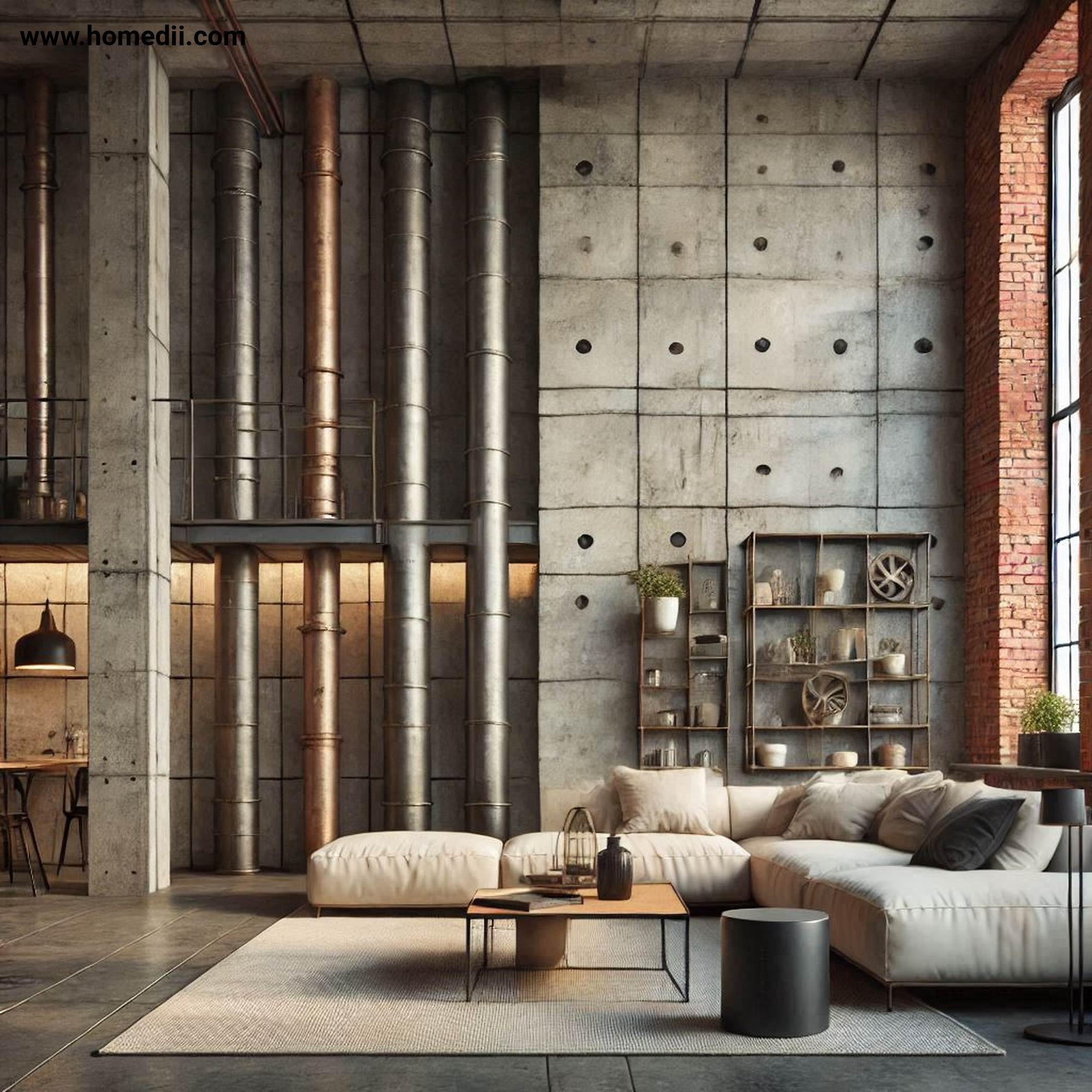 Industrial Living Room - Expose Architectural Elements with Brick Walls, Concrete Floors, Exposed Pipes, Ductwork, Architectural Elements!