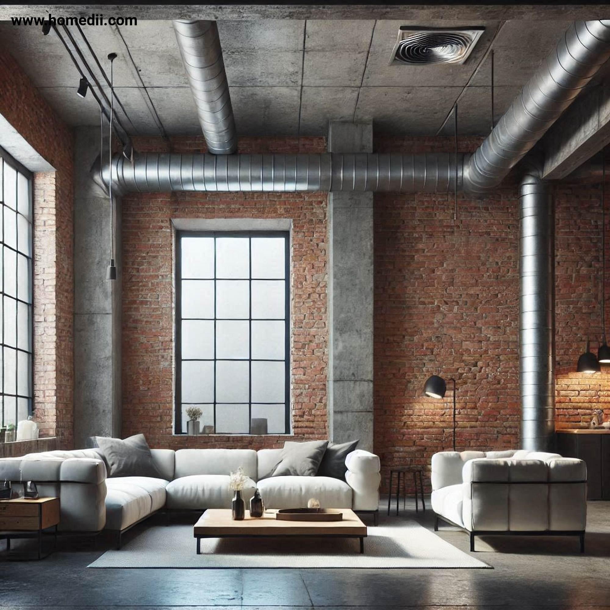 Industrial Living Room - Expose Architectural Elements with Brick Walls, Concrete Floors, Exposed Pipes, Ductwork, Architectural Elements!