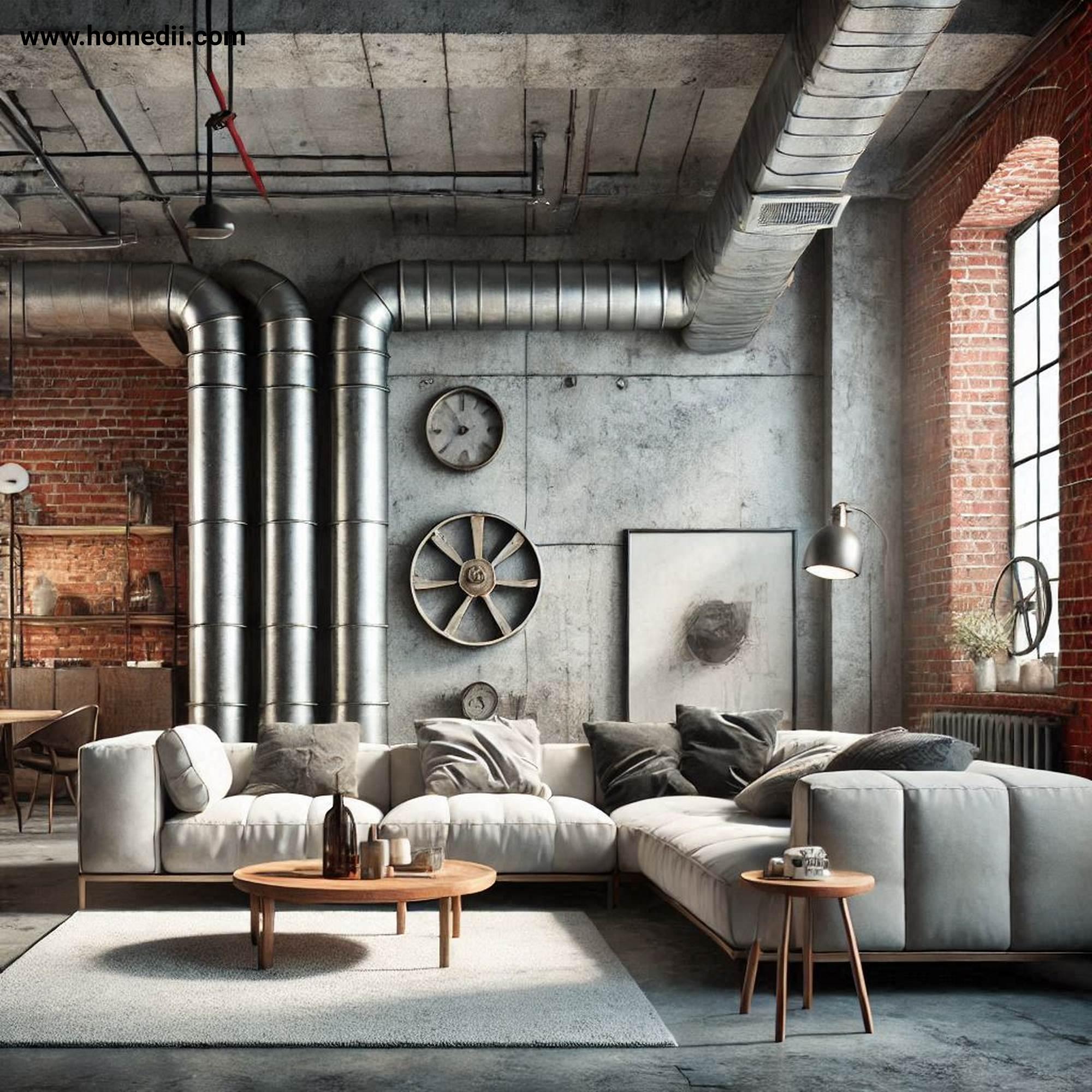 Industrial Living Room - Expose Architectural Elements with Brick Walls, Concrete Floors, Exposed Pipes, Ductwork, Architectural Elements!