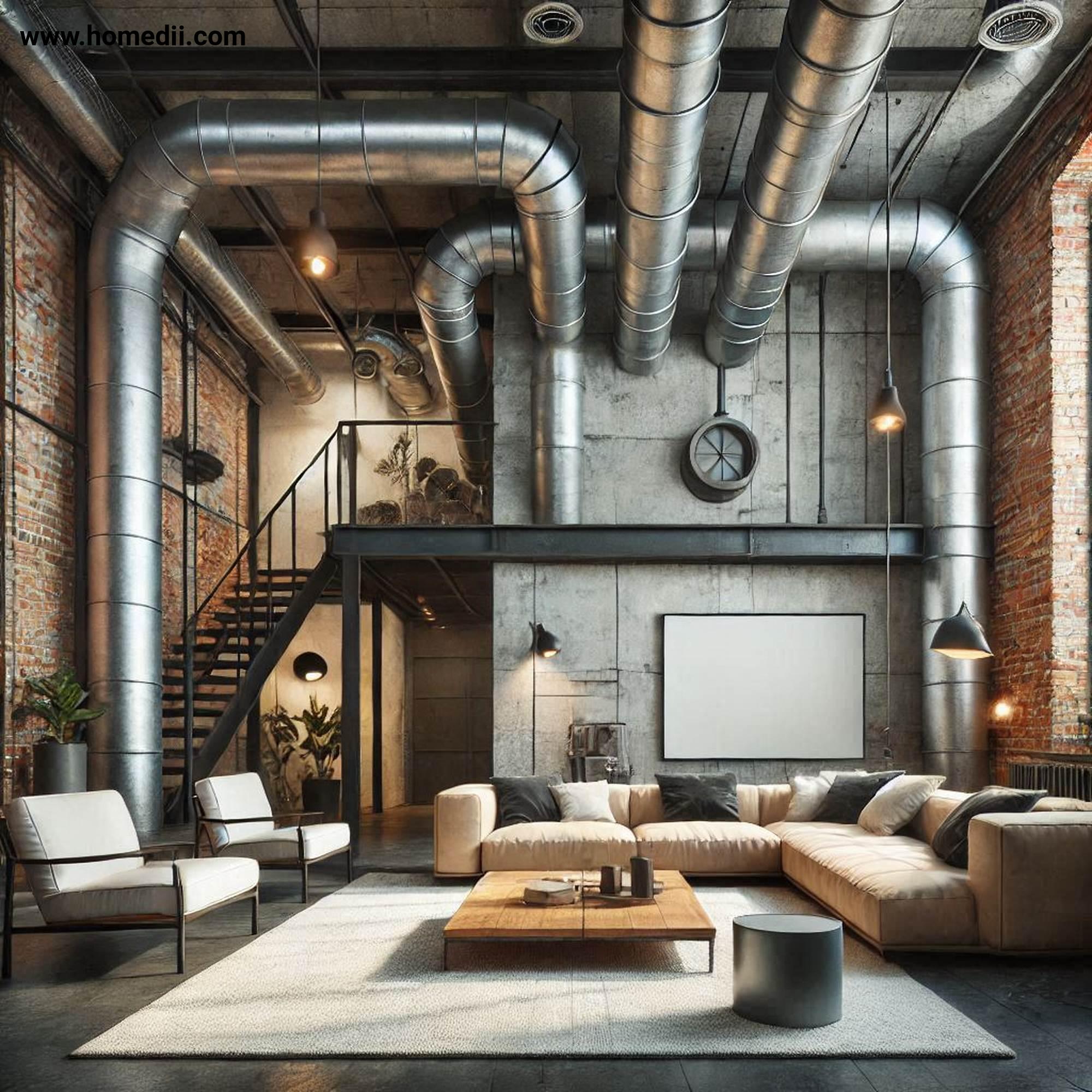 Industrial Living Room - Expose Architectural Elements with Brick Walls, Concrete Floors, Exposed Pipes, Ductwork, Architectural Elements!