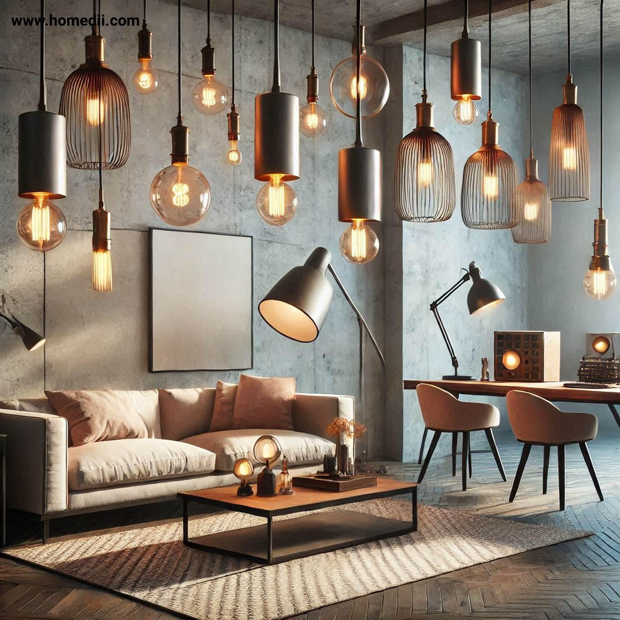 Industrial Living Room - Use Industrial-Style Lighting with Pendant Lights, Metal Shades, Exposed Bulb Fixtures, Task Lamps, Edison Bulbs, Ambient Lighting, Task Lighting, Accent Lighting!