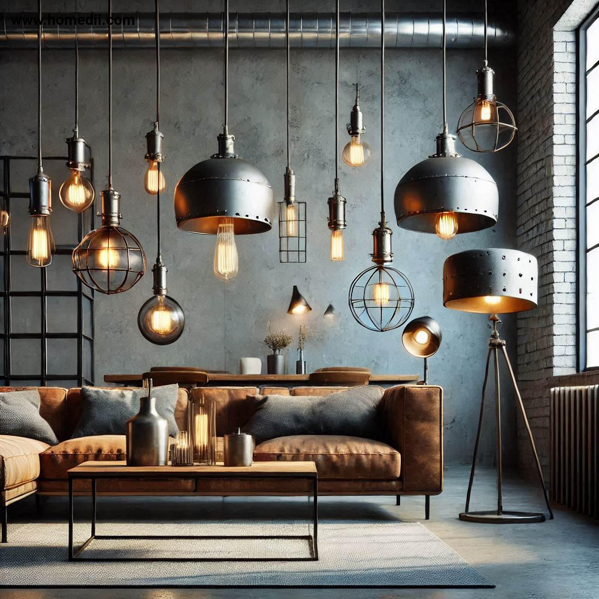 Industrial Living Room - Use Industrial-Style Lighting with Pendant Lights, Metal Shades, Exposed Bulb Fixtures, Task Lamps, Edison Bulbs, Ambient Lighting, Task Lighting, Accent Lighting!