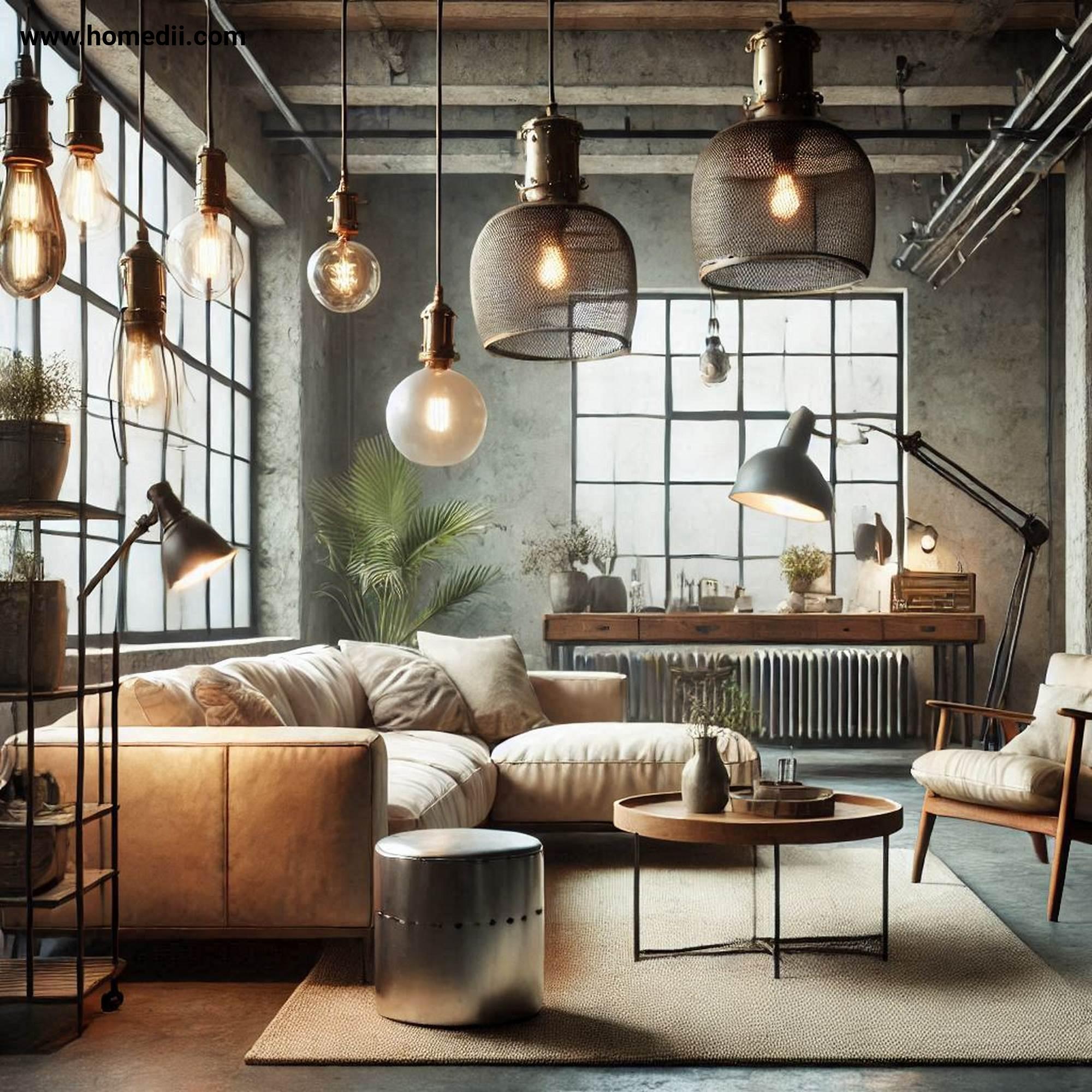 Industrial Living Room - Use Industrial-Style Lighting with Pendant Lights, Metal Shades, Exposed Bulb Fixtures, Task Lamps, Edison Bulbs, Ambient Lighting, Task Lighting, Accent Lighting!