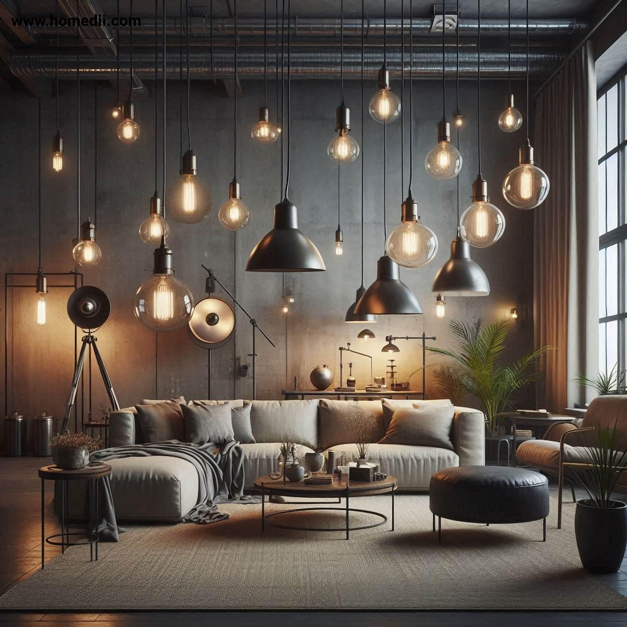 Industrial Living Room - Use Industrial-Style Lighting with Pendant Lights, Metal Shades, Exposed Bulb Fixtures, Task Lamps, Edison Bulbs, Ambient Lighting, Task Lighting, Accent Lighting!