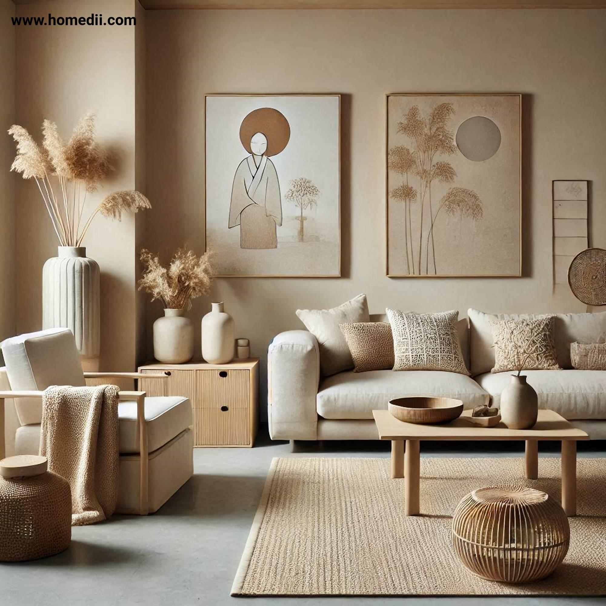 Japandi Living Room - Embrace A Neutral Color Palette with Beige, Soft Whites, Muted Grays, Earthy Tones!