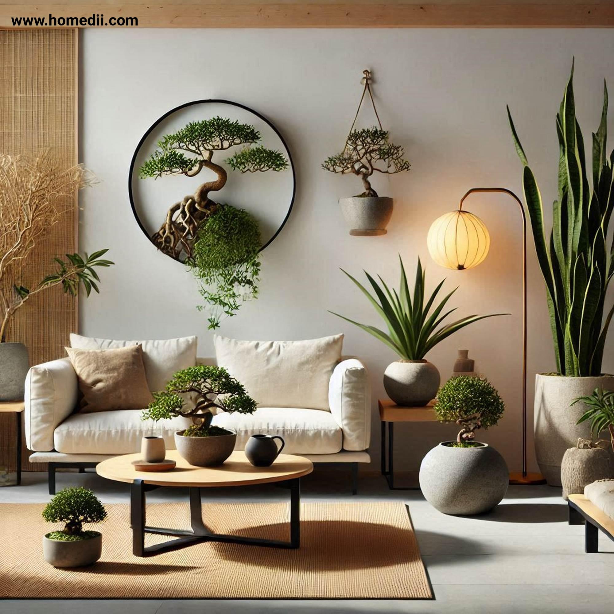 Japandi Living Room - Include Indoor Plants with Snake Plants, Bonsai Trees, Ceramic Planters, Stone Planters!