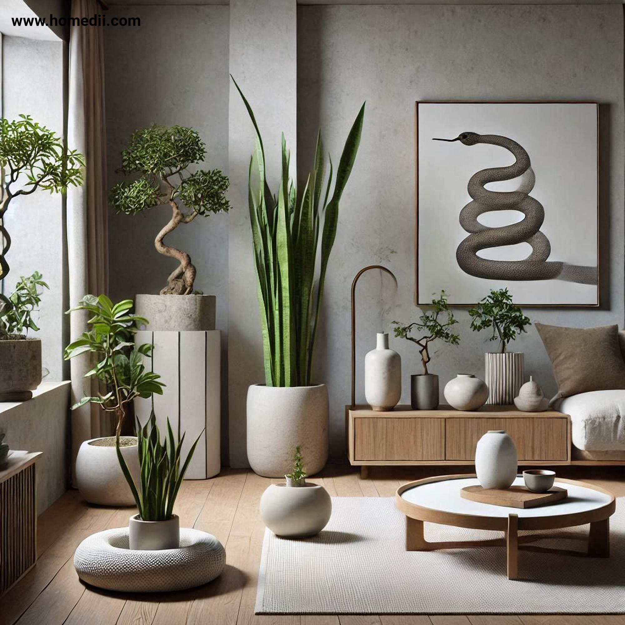 Japandi Living Room - Include Indoor Plants with Snake Plants, Bonsai Trees, Ceramic Planters, Stone Planters!