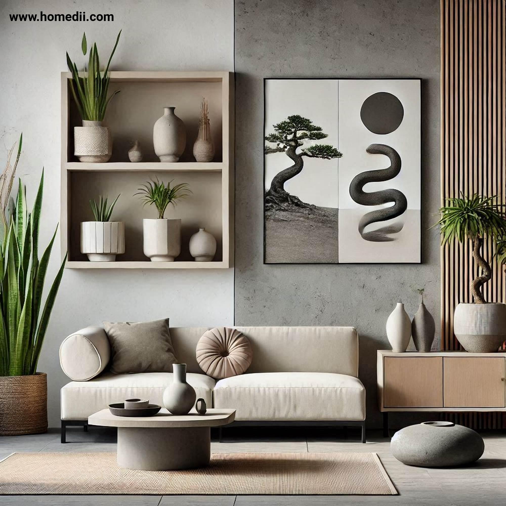 Japandi Living Room - Include Indoor Plants with Snake Plants, Bonsai Trees, Ceramic Planters, Stone Planters!