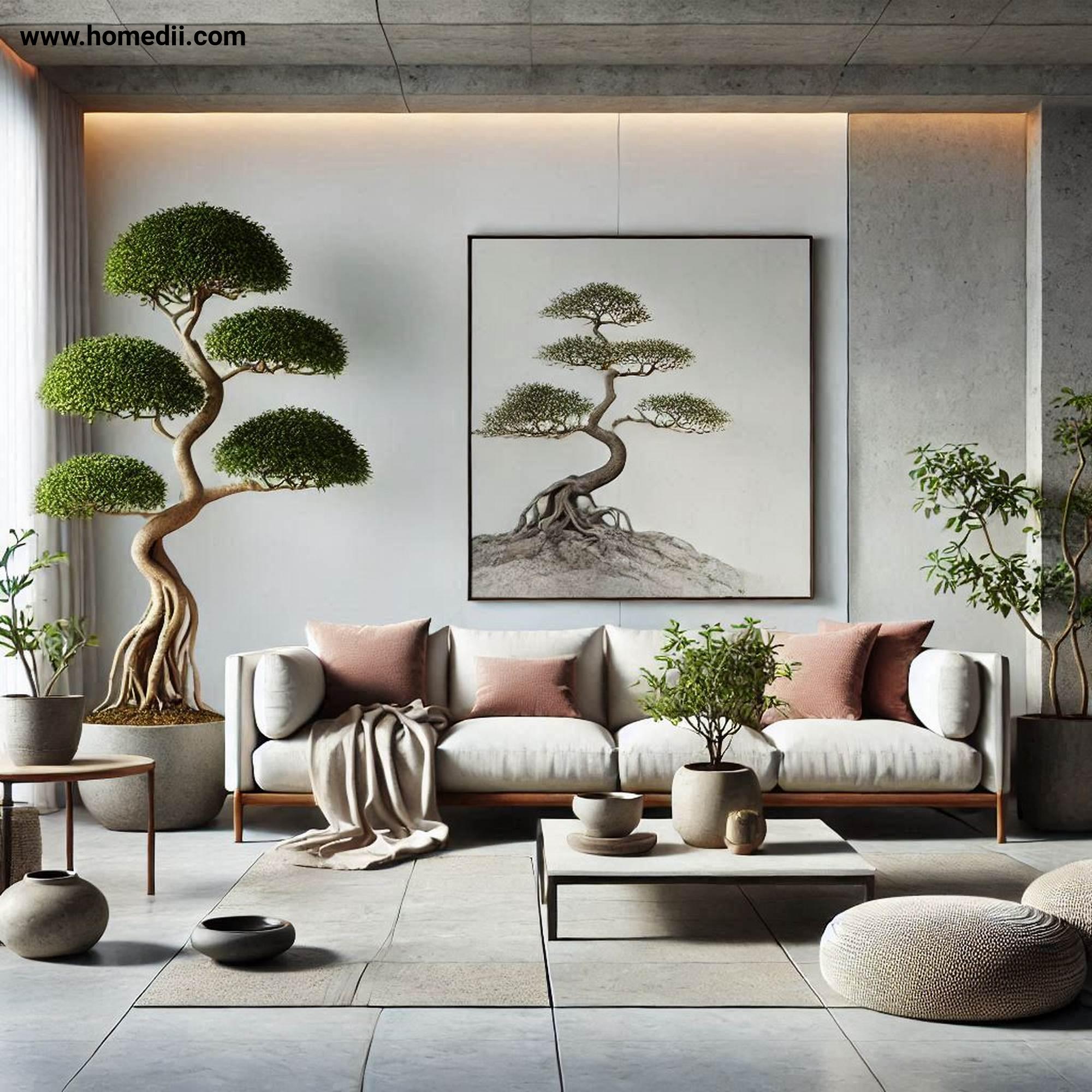 Japandi Living Room - Include Indoor Plants with Snake Plants, Bonsai Trees, Ceramic Planters, Stone Planters!