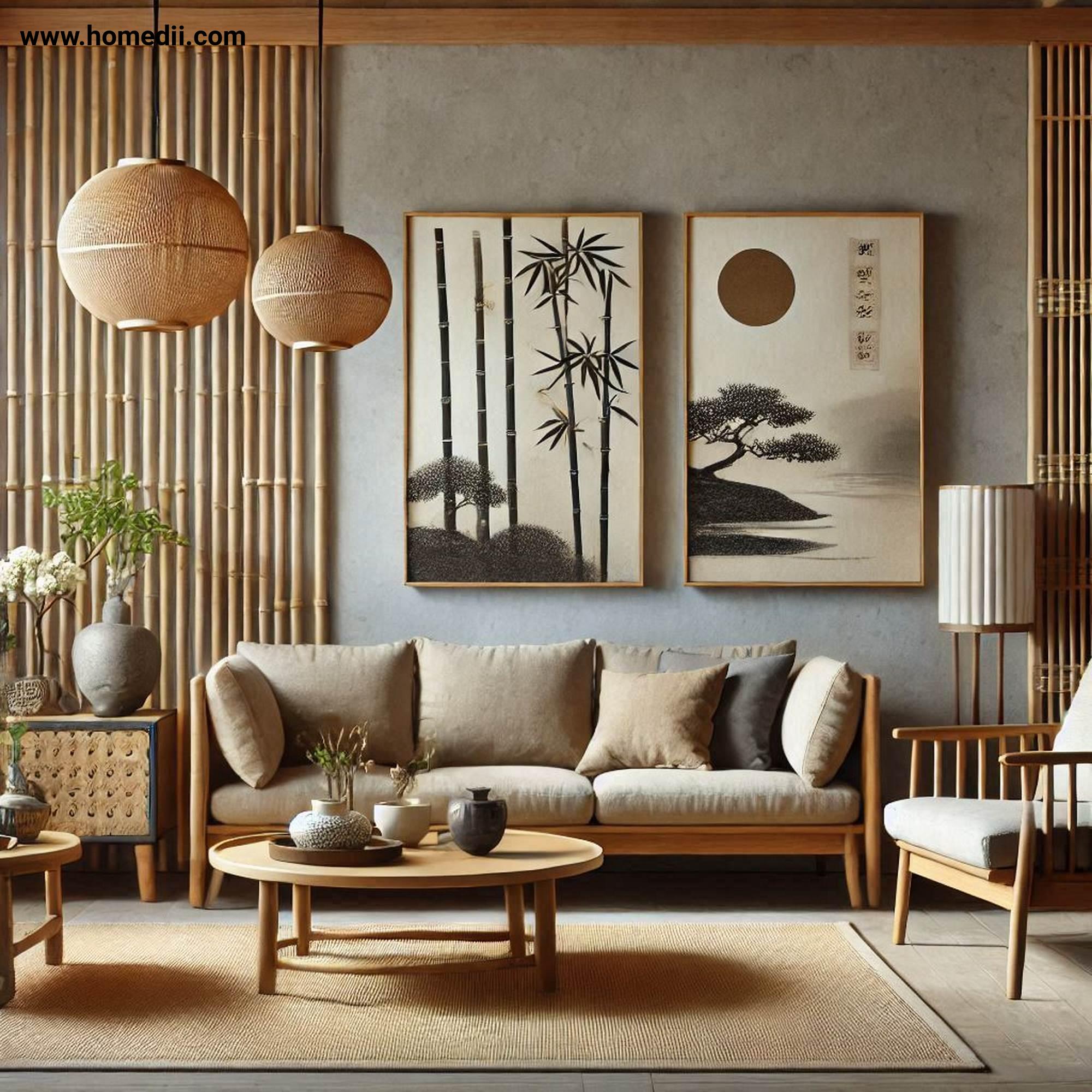 Japandi Living Room - Incorporate Natural Materials with Wooden Furniture, Linen Upholstery, Bamboo Accents!