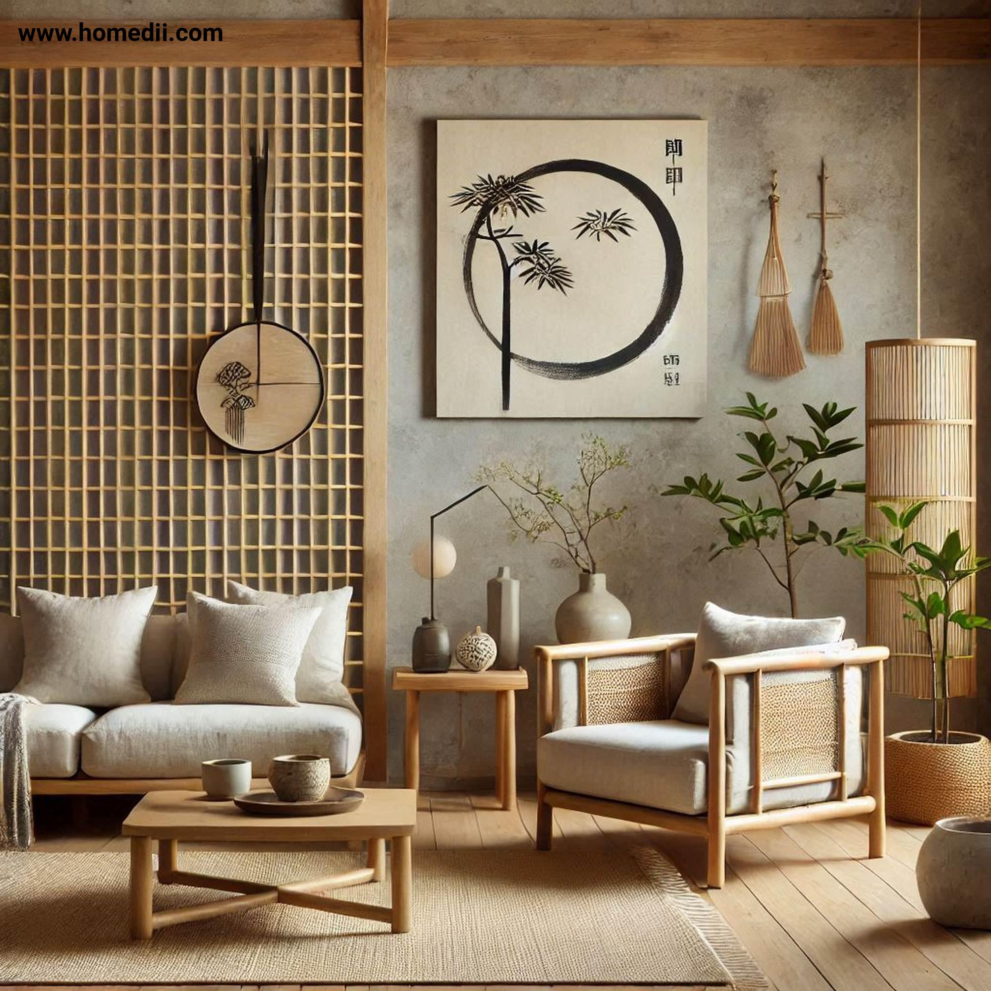 Japandi Living Room - Incorporate Natural Materials with Wooden Furniture, Linen Upholstery, Bamboo Accents!