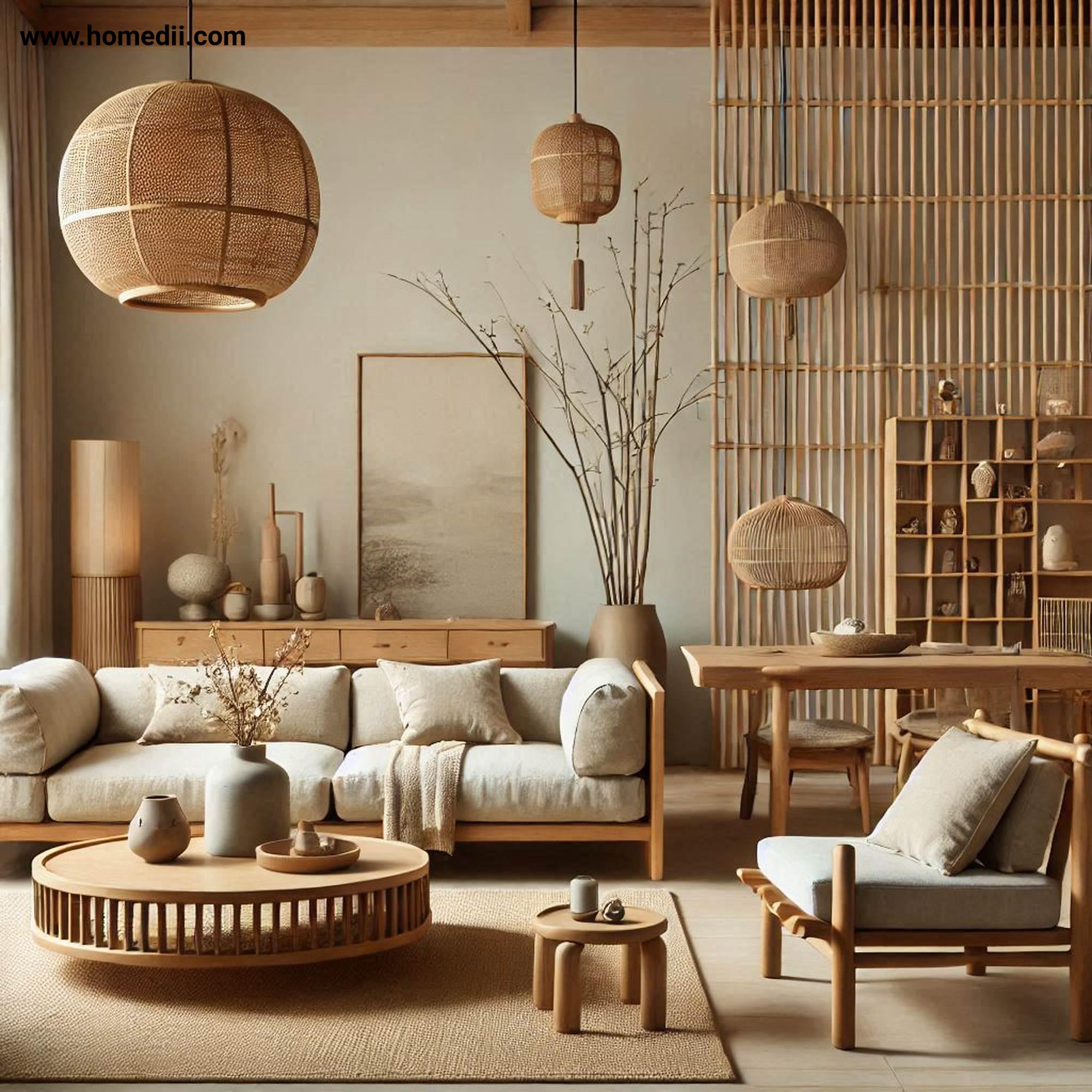 Japandi Living Room - Incorporate Natural Materials with Wooden Furniture, Linen Upholstery, Bamboo Accents!