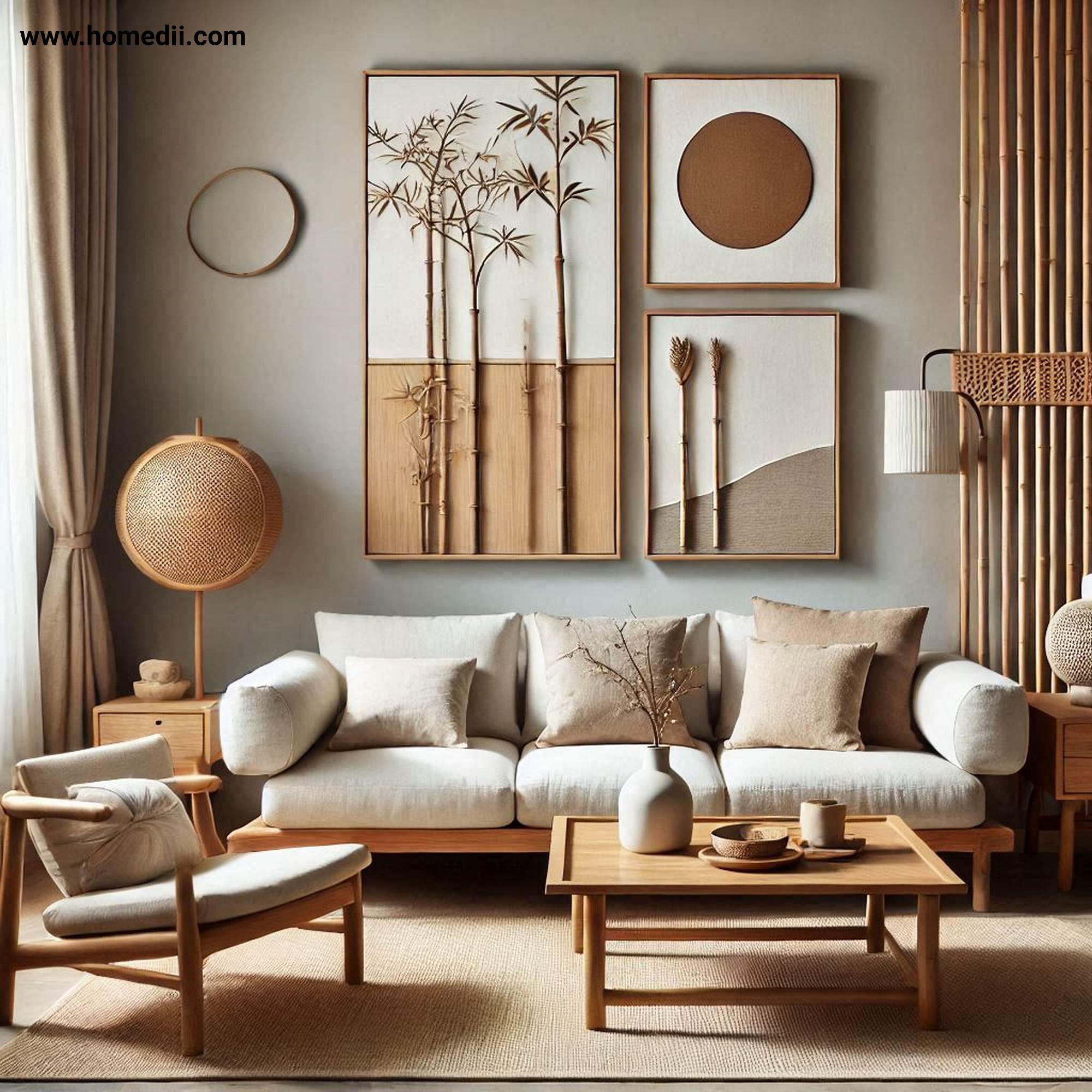Japandi Living Room - Incorporate Natural Materials with Wooden Furniture, Linen Upholstery, Bamboo Accents!
