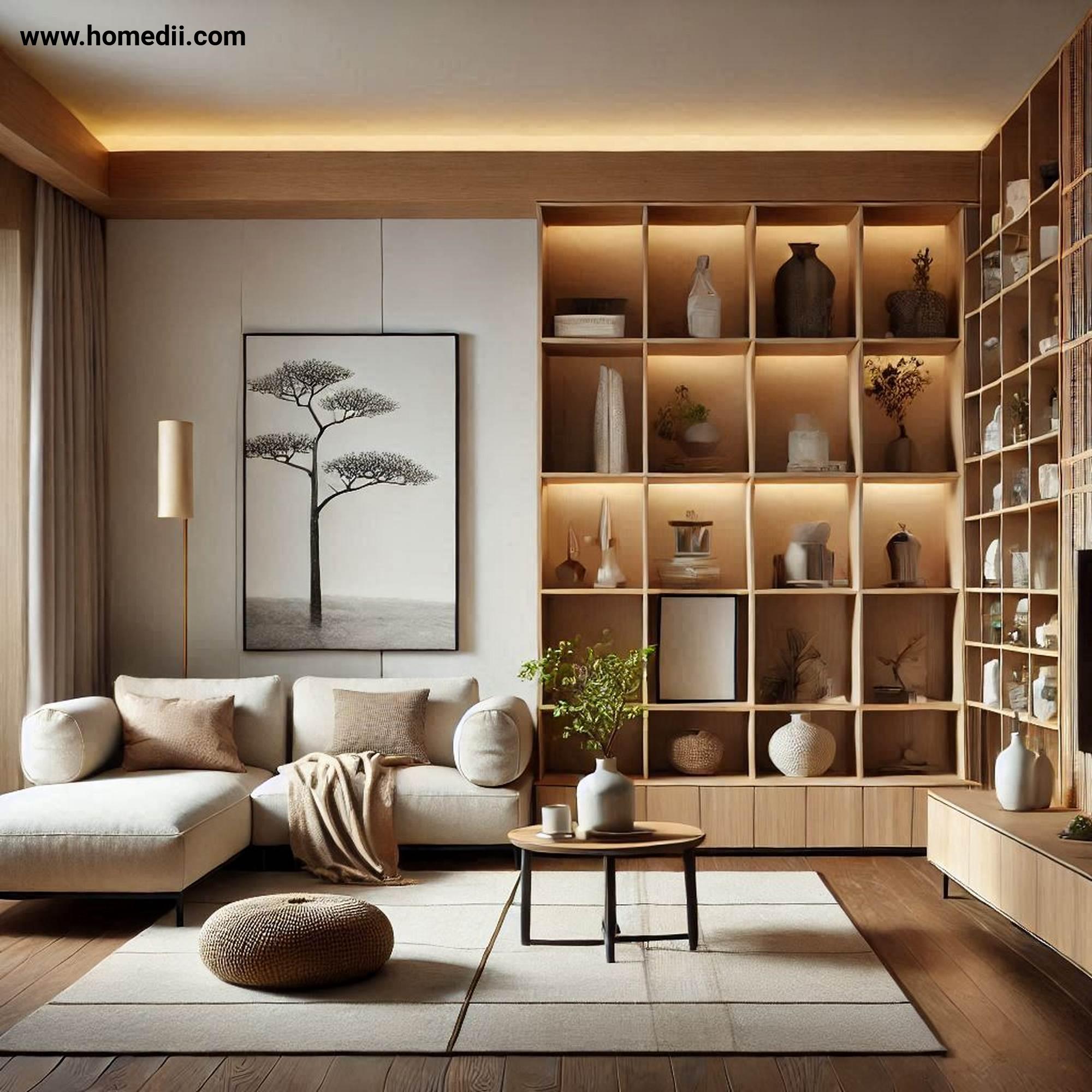 Japandi Living Room - Incorporate Vertical Storage with Floating Shelves, Tall Cabinets, Vertical Storage!