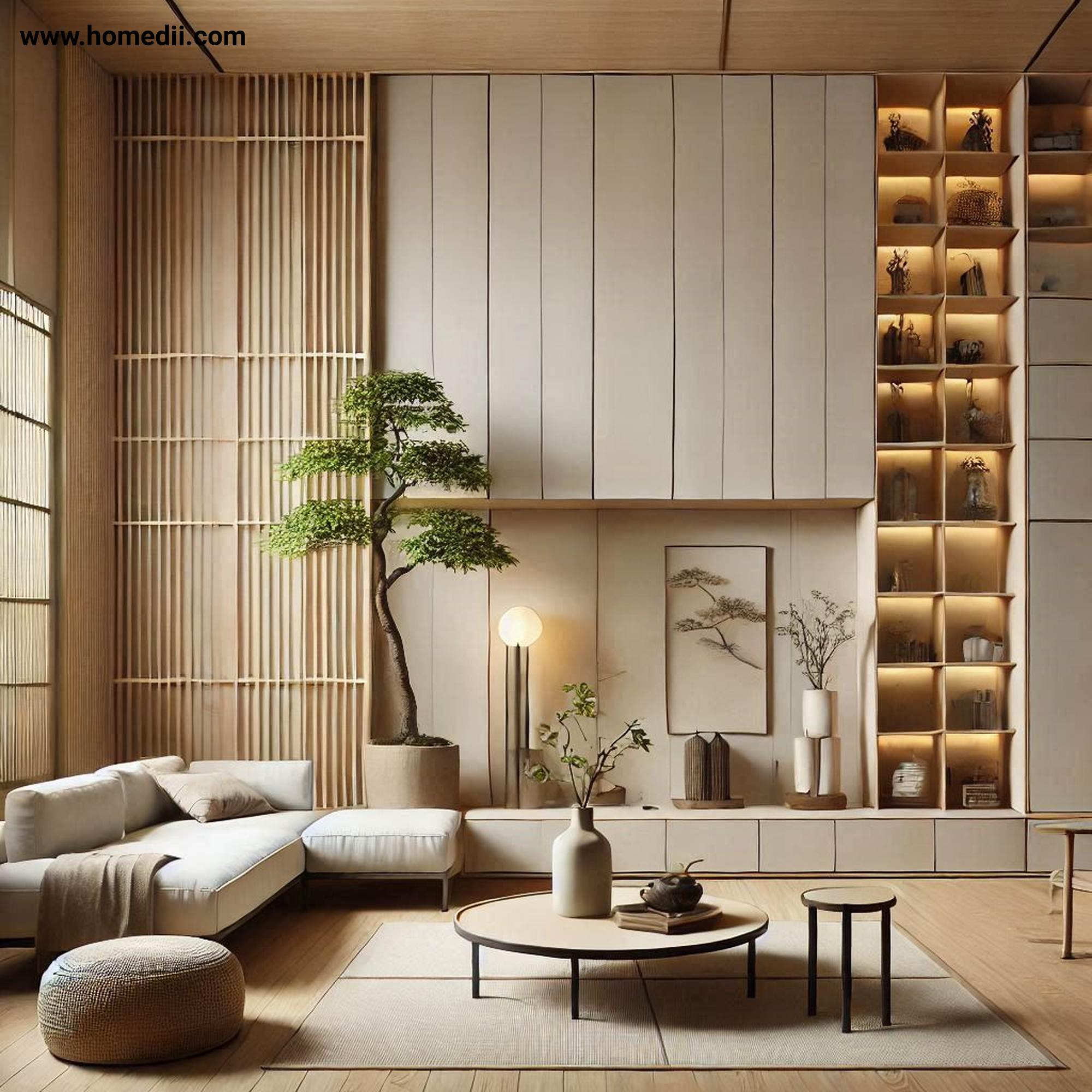 Japandi Living Room - Incorporate Vertical Storage with Floating Shelves, Tall Cabinets, Vertical Storage!