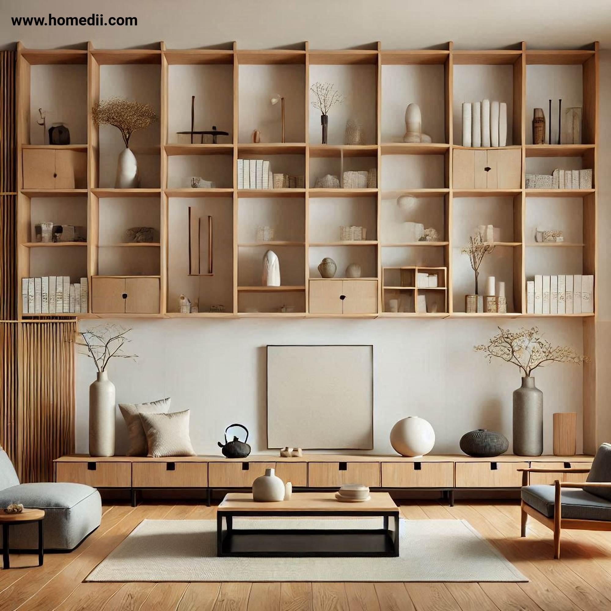 Japandi Living Room - Incorporate Vertical Storage with Floating Shelves, Tall Cabinets, Vertical Storage!
