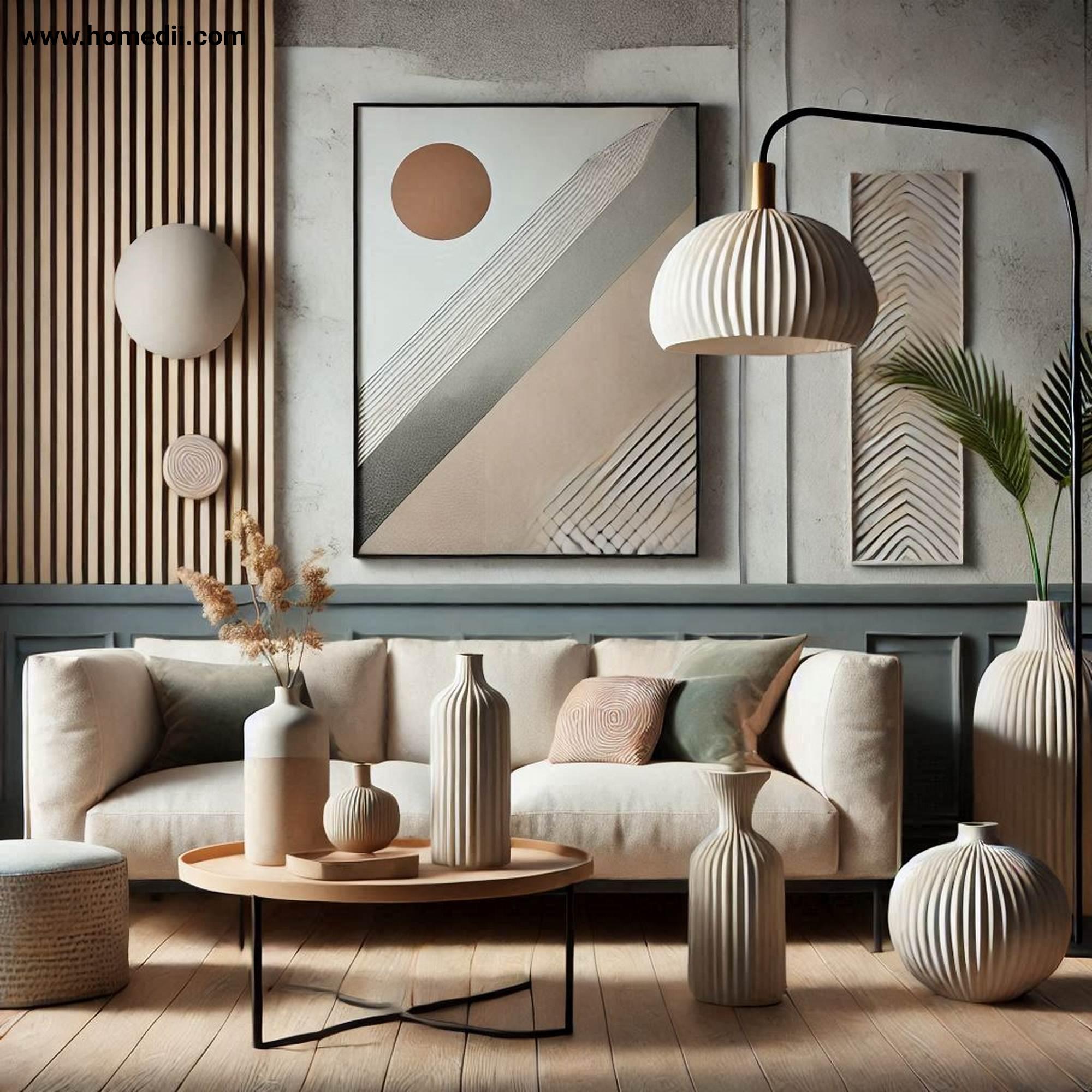 Japandi Living Room - Keep Decor Minimal with Abstract Wall Art, Ceramic Vases, Sculptural Lamp!