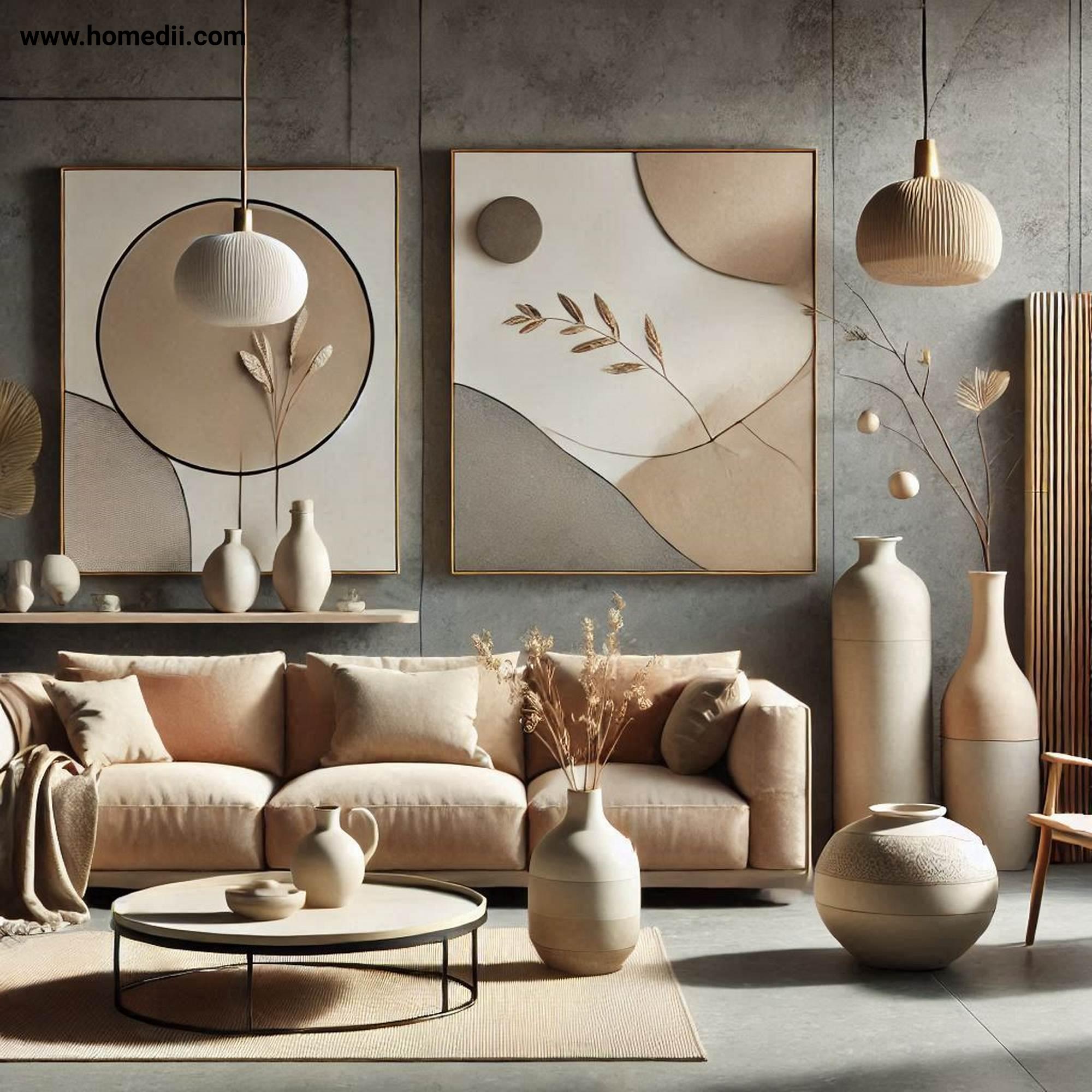 Japandi Living Room - Keep Decor Minimal with Abstract Wall Art, Ceramic Vases, Sculptural Lamp!