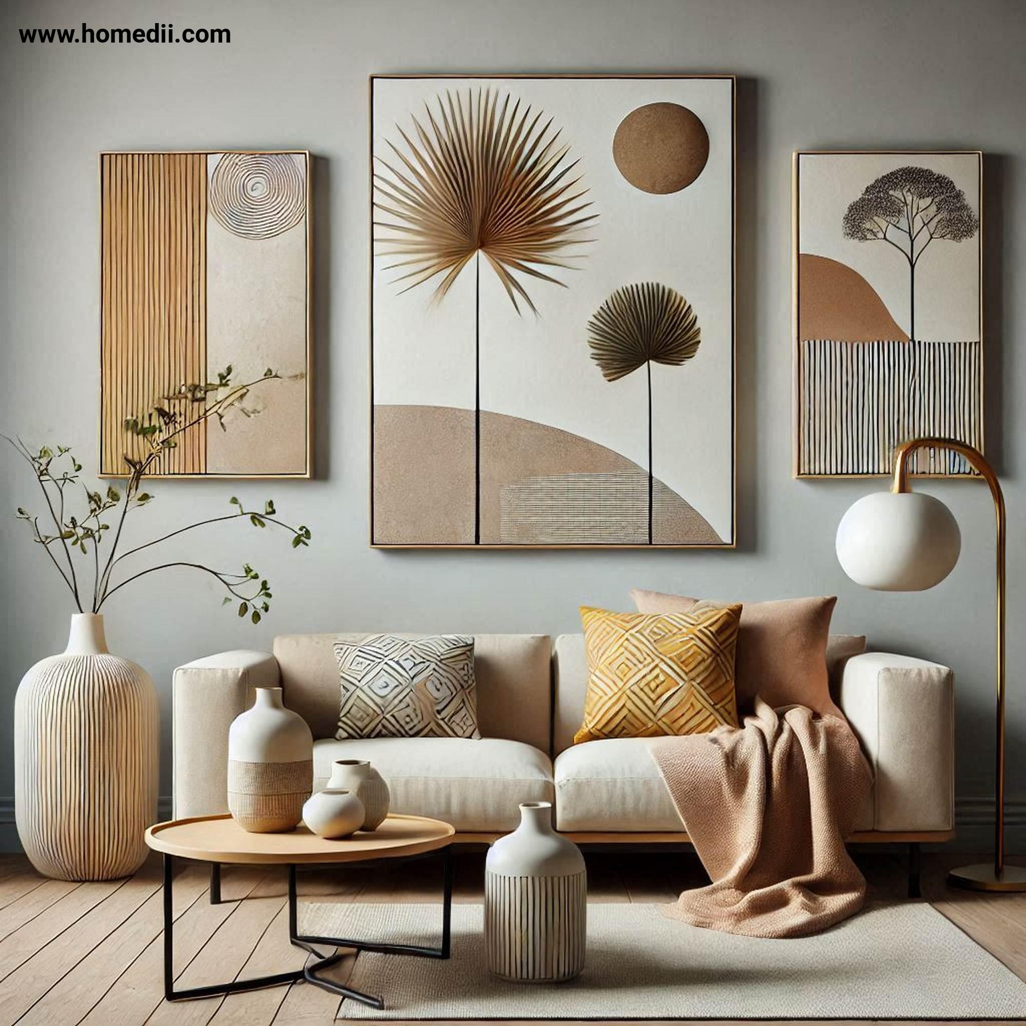 Japandi Living Room - Keep Decor Minimal with Abstract Wall Art, Ceramic Vases, Sculptural Lamp!