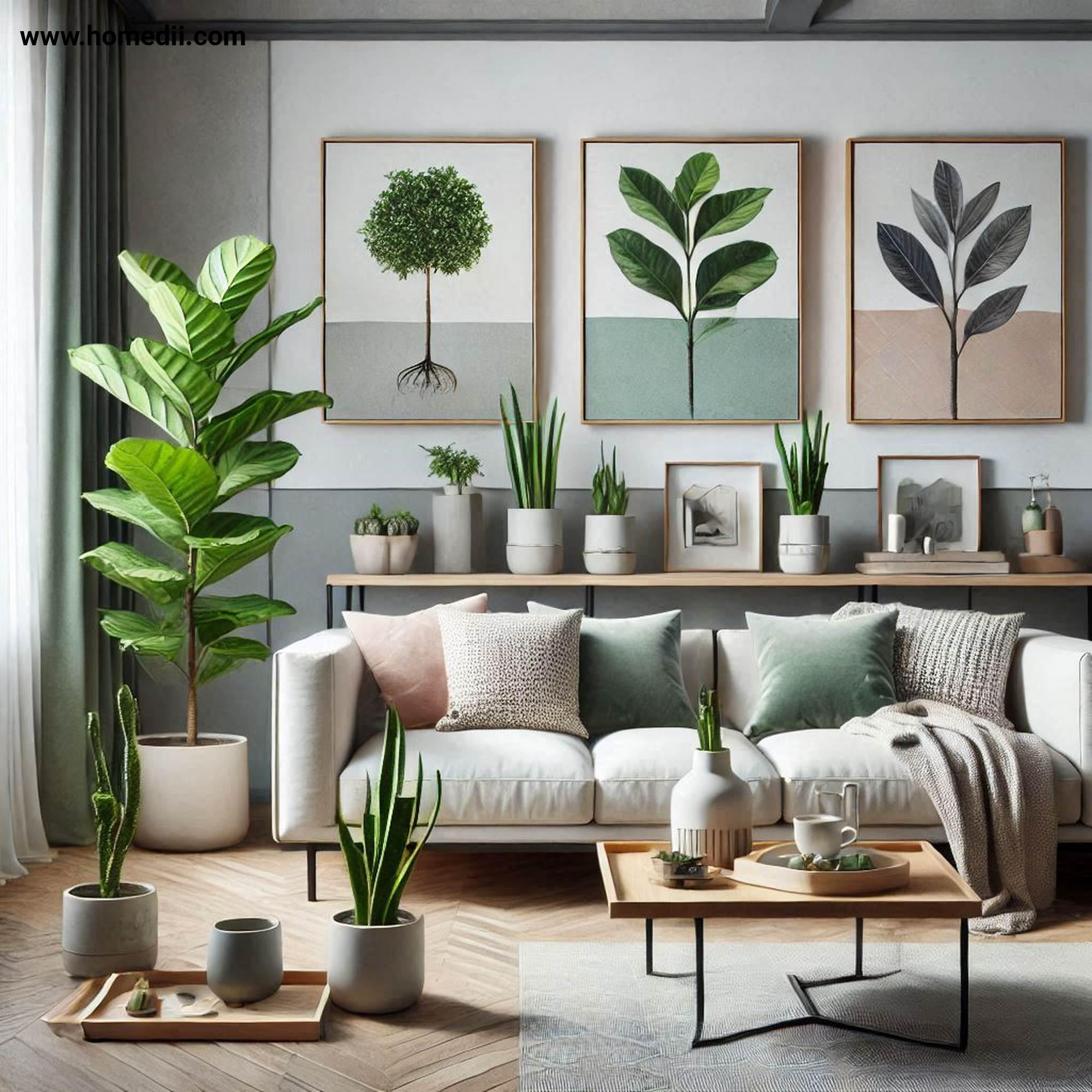 Modern Living Room - Include Greenery with Fiddle-Leaf Figs, Snake Plants, Succulents, Minimalist Pots!