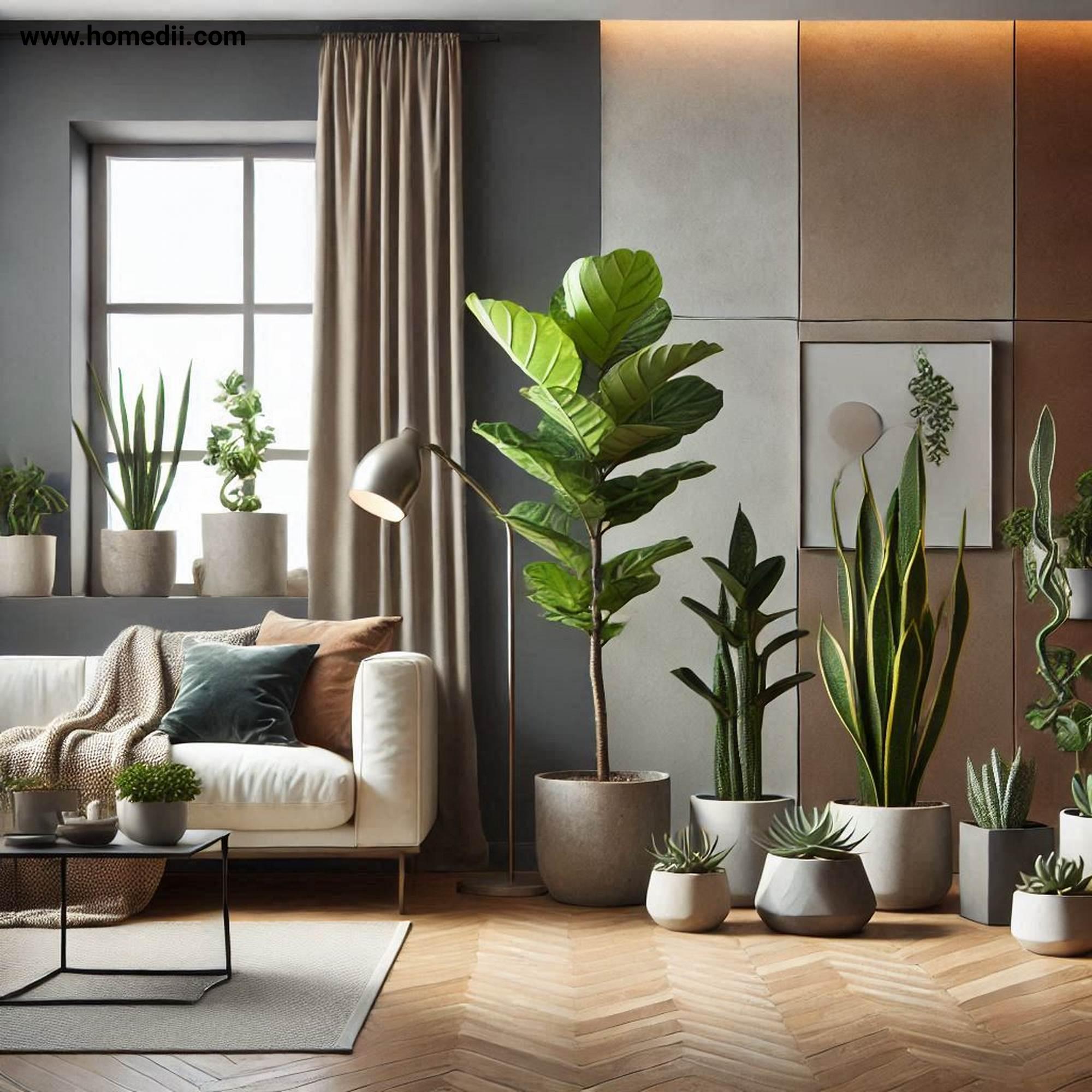 Modern Living Room - Include Greenery with Fiddle-Leaf Figs, Snake Plants, Succulents, Minimalist Pots!