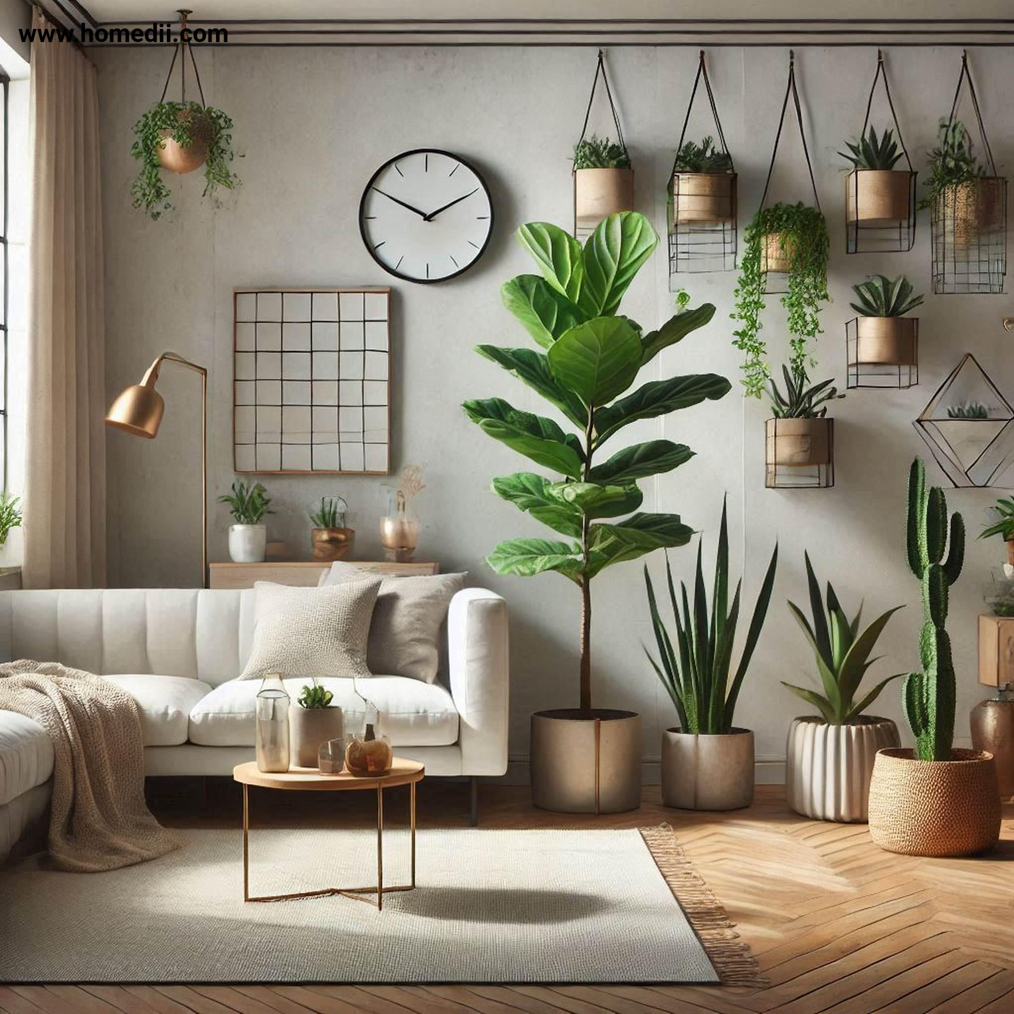Modern Living Room - Include Greenery with Fiddle-Leaf Figs, Snake Plants, Succulents, Minimalist Pots!