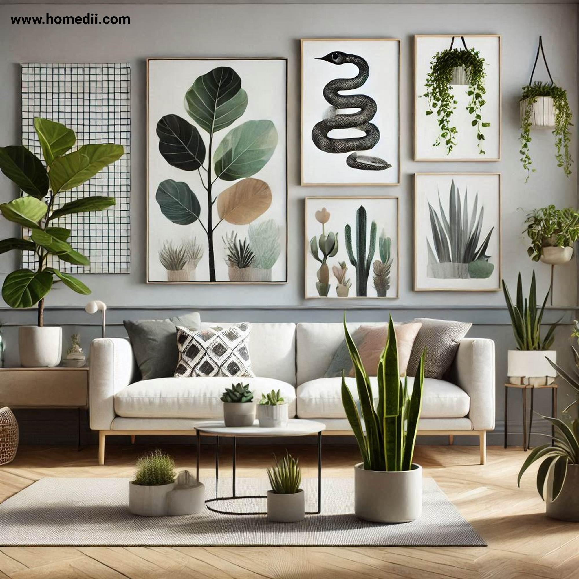 Modern Living Room - Include Greenery with Fiddle-Leaf Figs, Snake Plants, Succulents, Minimalist Pots!
