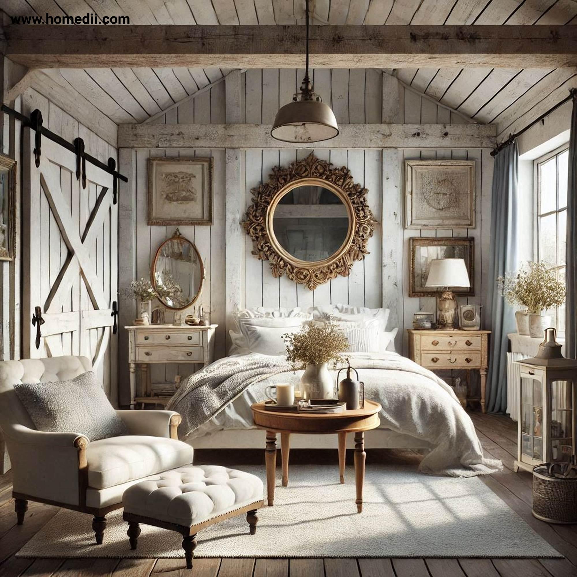 Farmhouse Bedroom Tips - Incorporate Vintage Decor with Antique Mirrors, Distressed Picture Frames, Barn Doors!