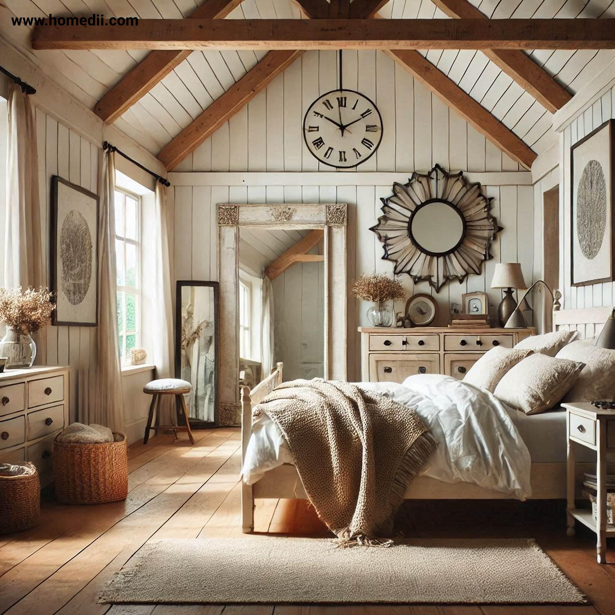 Farmhouse Bedroom Tips - Incorporate Vintage Decor with Antique Mirrors, Distressed Picture Frames, Barn Doors!