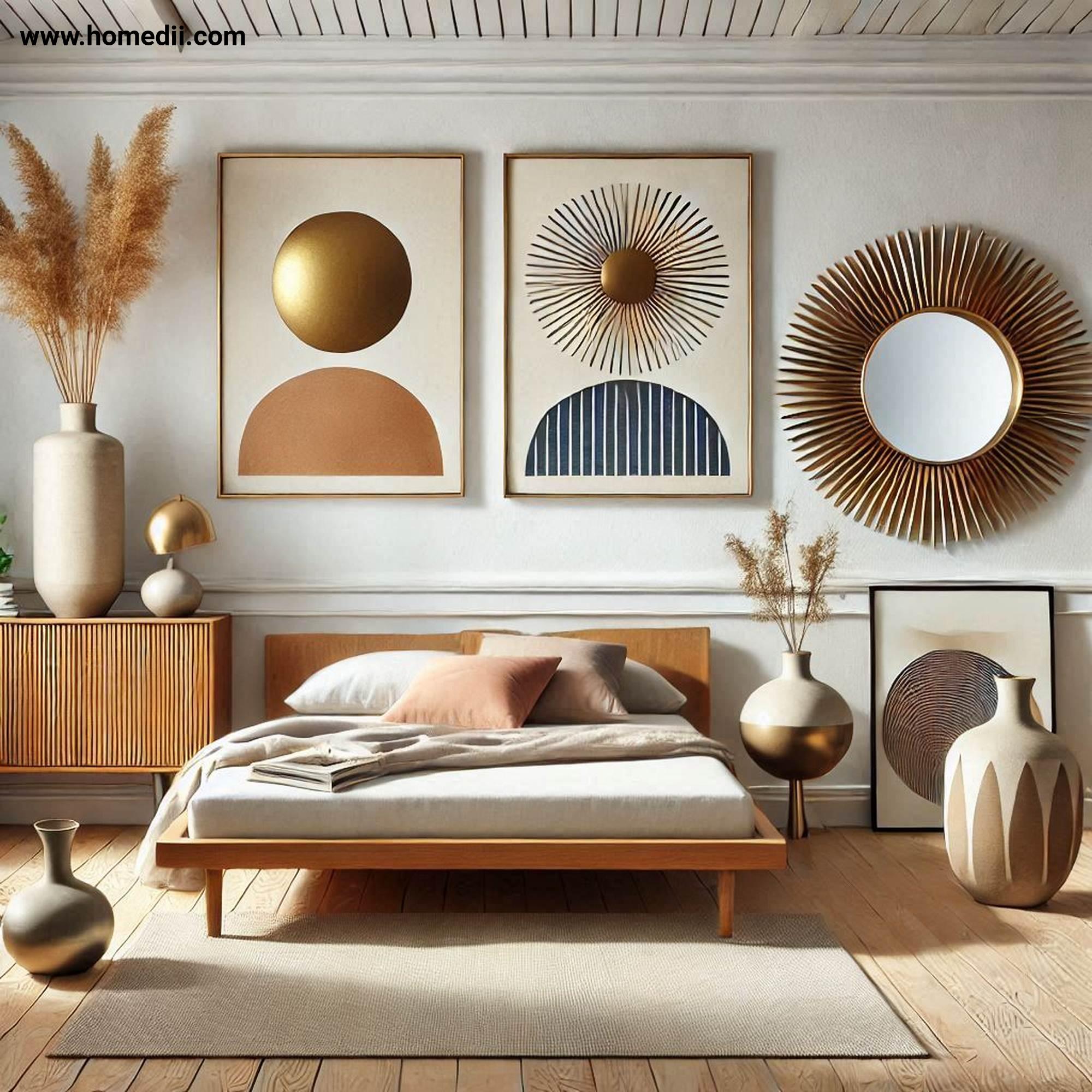 Mid Century Bedroom Tips - Add Retro-Inspired Decor with Sunburst Mirrors, Abstract Art Prints, Ceramic Vases!
