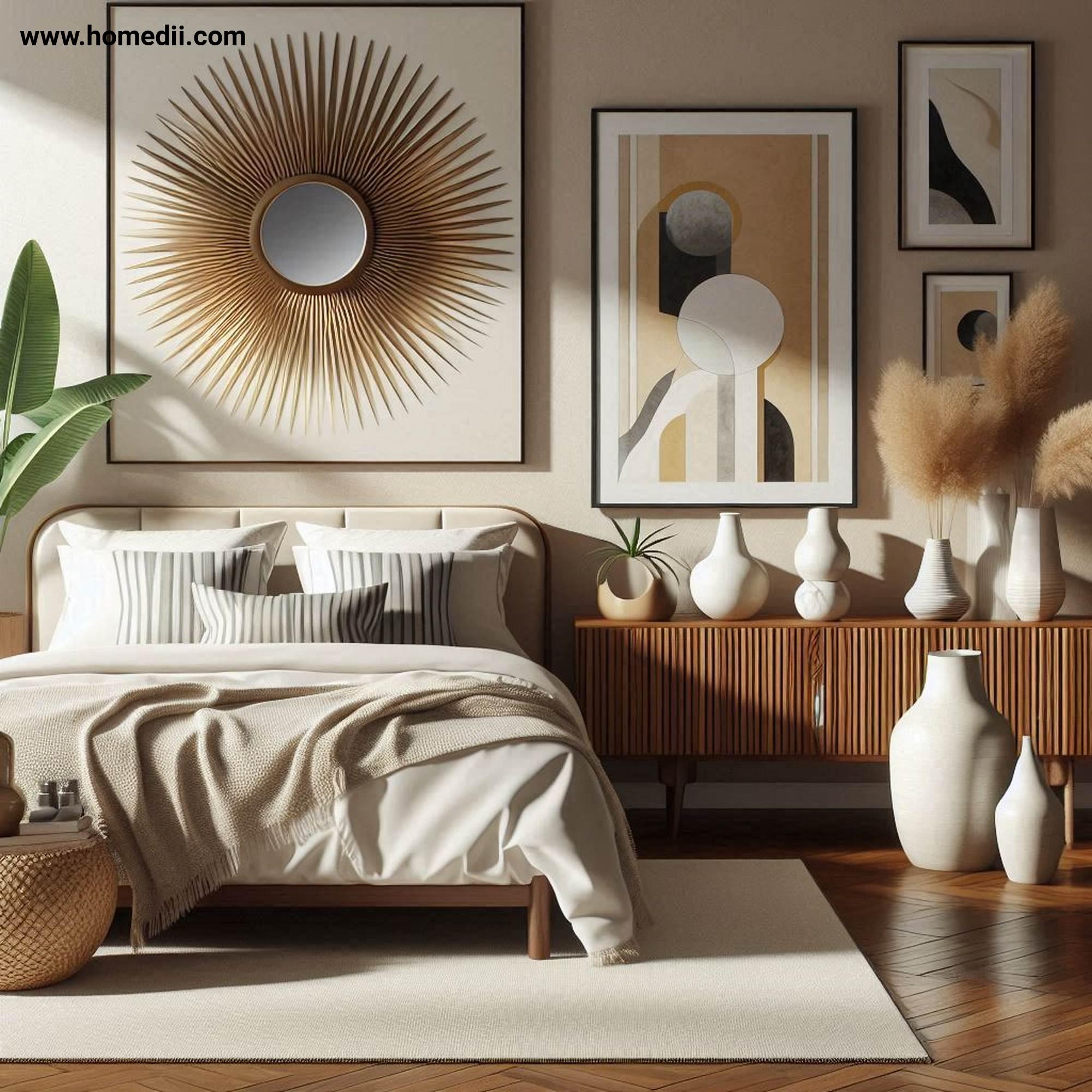 Mid Century Bedroom Tips - Add Retro-Inspired Decor with Sunburst Mirrors, Abstract Art Prints, Ceramic Vases!