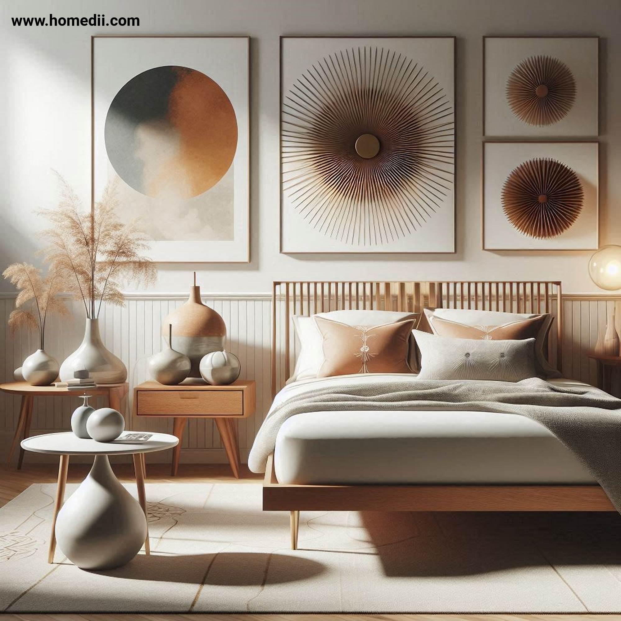 Mid Century Bedroom Tips - Add Retro-Inspired Decor with Sunburst Mirrors, Abstract Art Prints, Ceramic Vases!