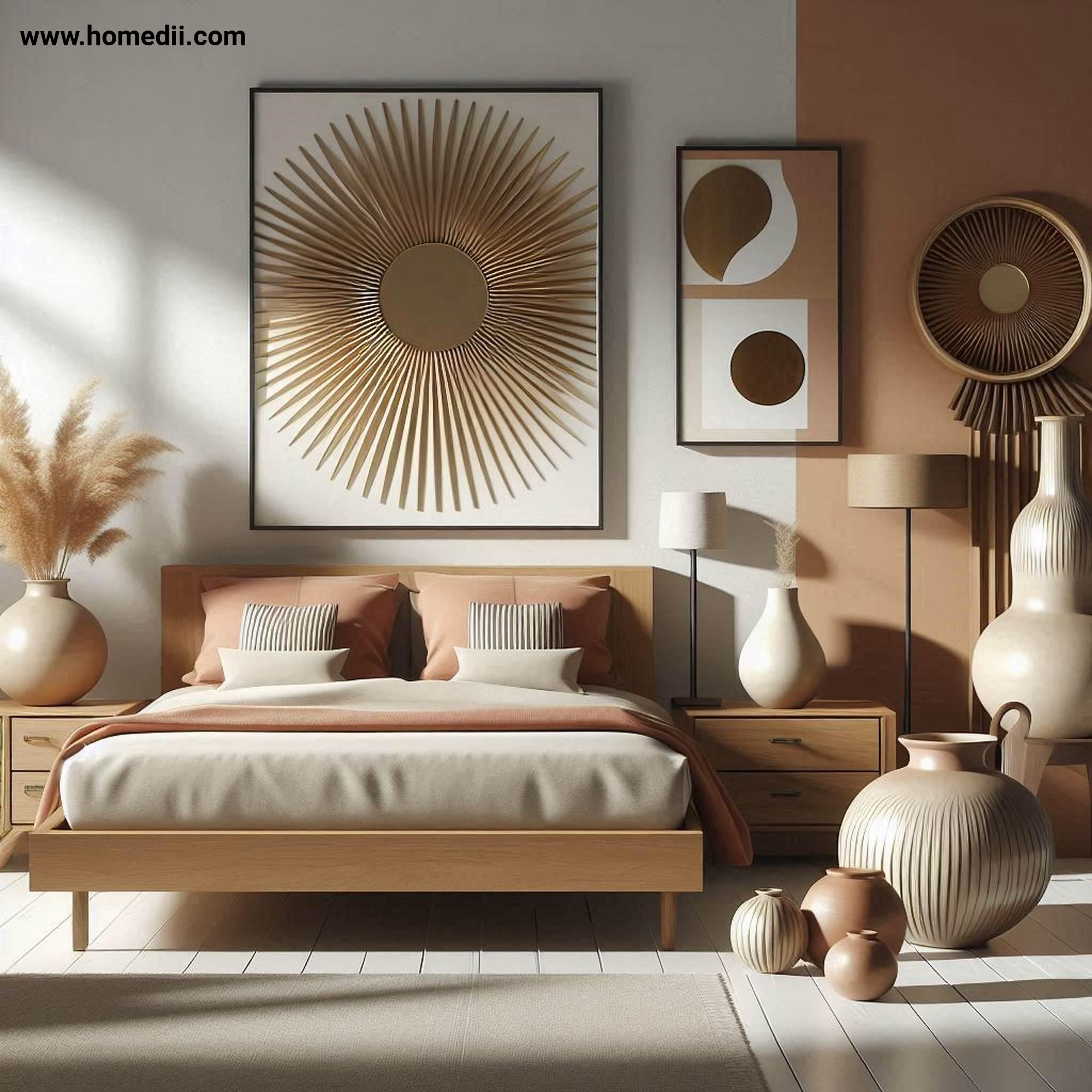 Mid Century Bedroom Tips - Add Retro-Inspired Decor with Sunburst Mirrors, Abstract Art Prints, Ceramic Vases!