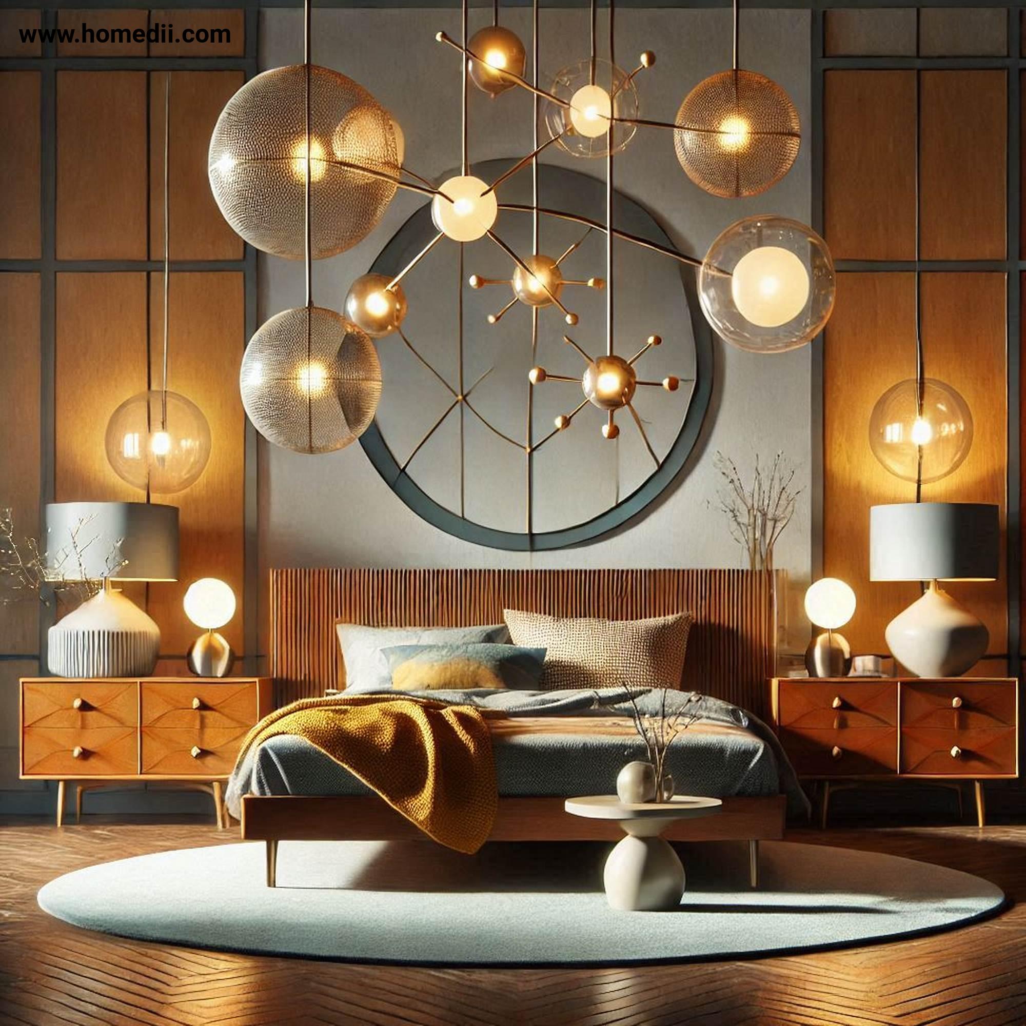 Mid Century Bedroom Tips - Add Statement Lighting with Sputnik Chandeliers, Globe Pendant Lights, Sculptural Table Lamps!