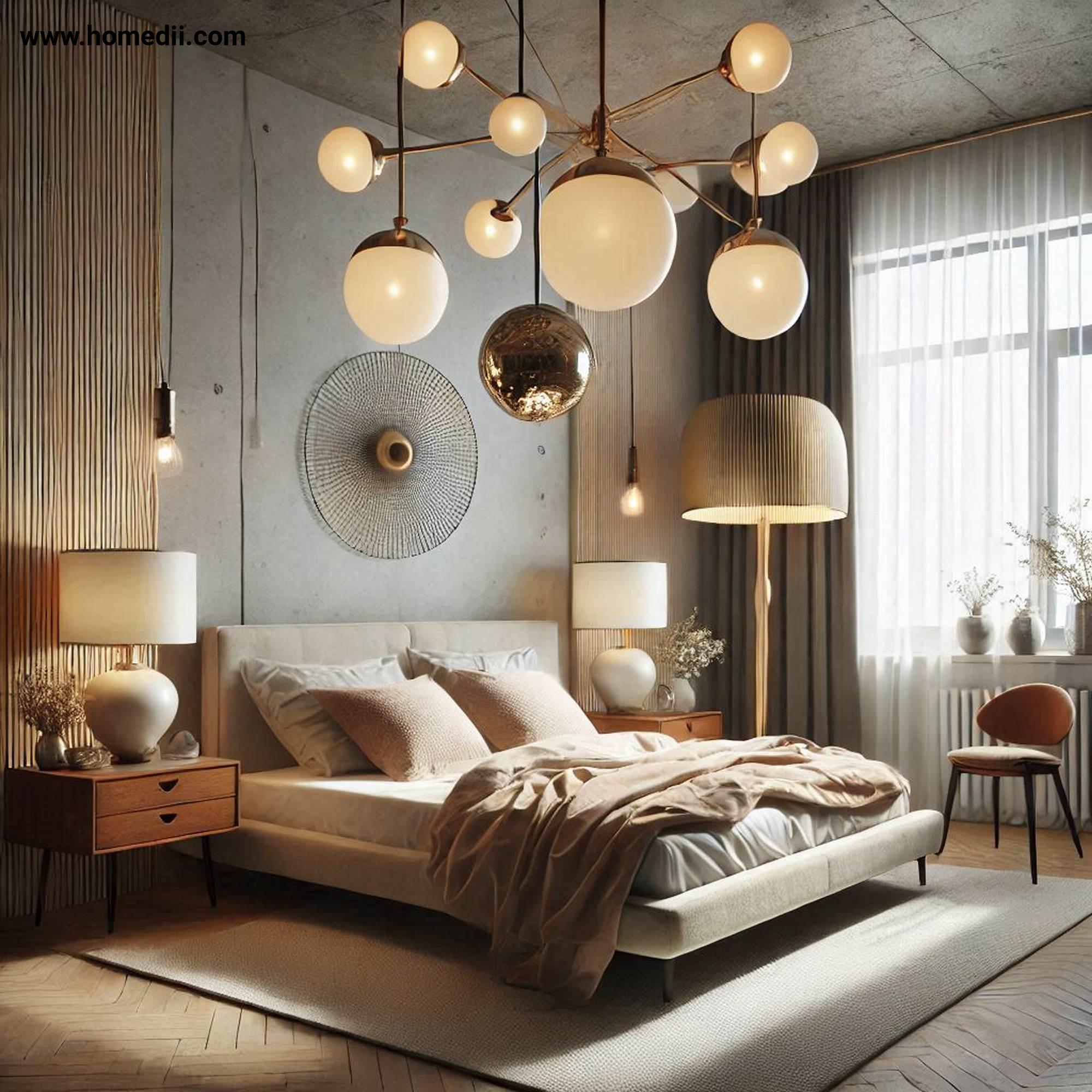 Mid Century Bedroom Tips - Add Statement Lighting with Sputnik Chandeliers, Globe Pendant Lights, Sculptural Table Lamps!