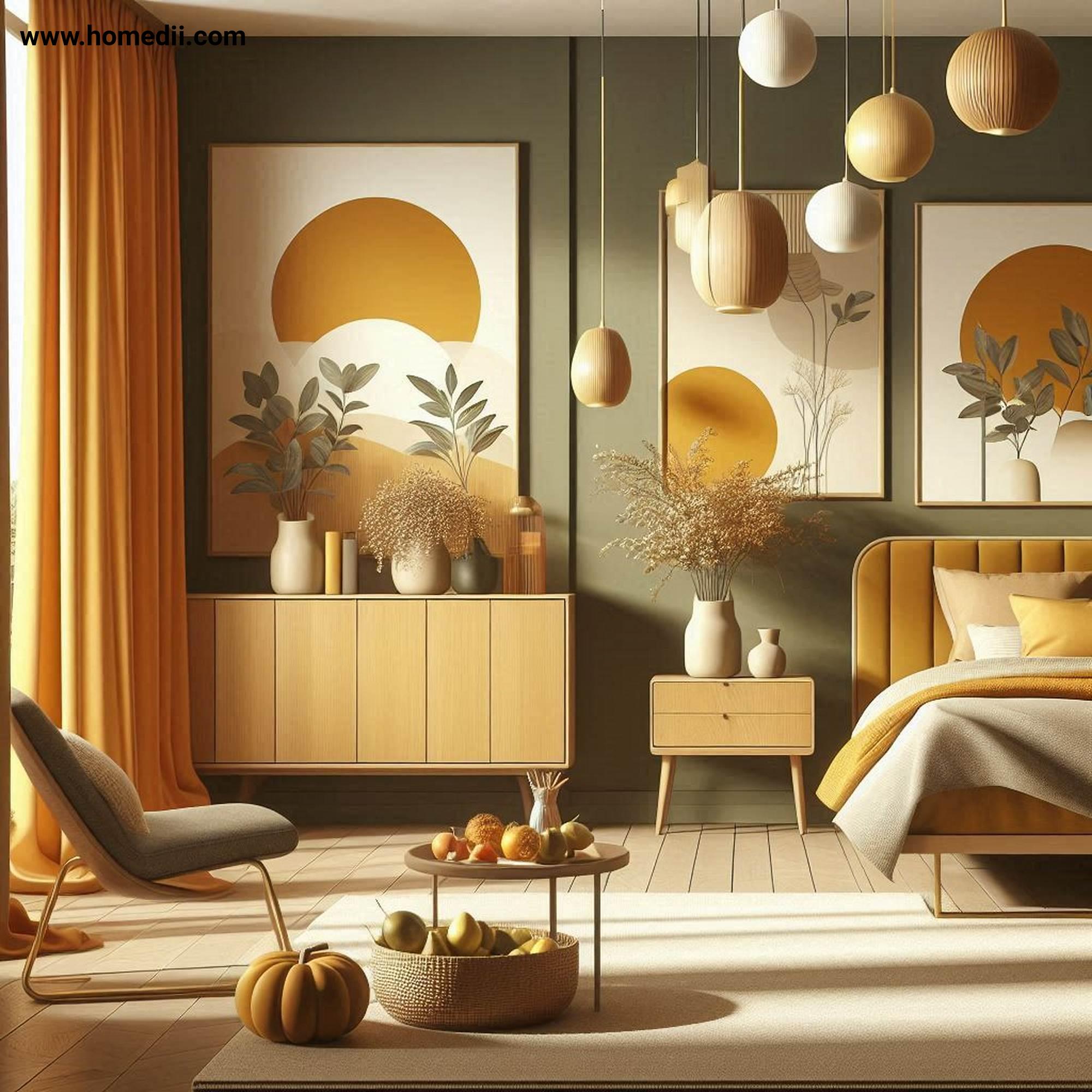 Mid Century Bedroom Tips - Embrace A Warm Color Palette with Mustard Yellow, Olive Green, Burnt Orange, Walnut Brown, Beige, Cream!