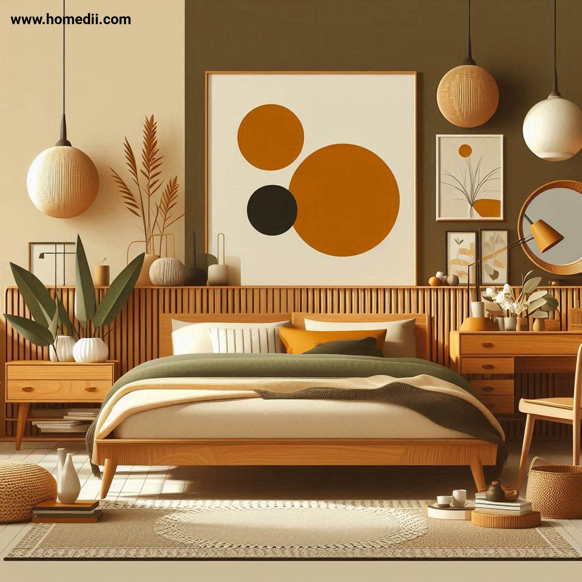 Mid Century Bedroom Tips - Embrace A Warm Color Palette with Mustard Yellow, Olive Green, Burnt Orange, Walnut Brown, Beige, Cream!