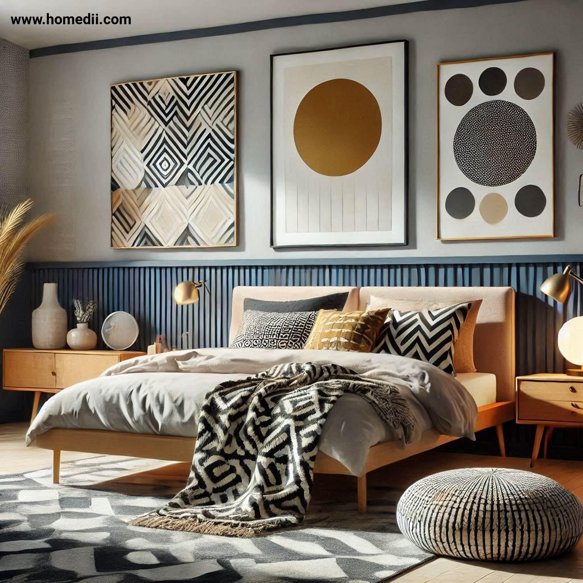 Mid Century Bedroom Tips - Incorporate Geometric Patterns with Geometric Patterns, Bedding, Throw Pillows, Statement Rug!