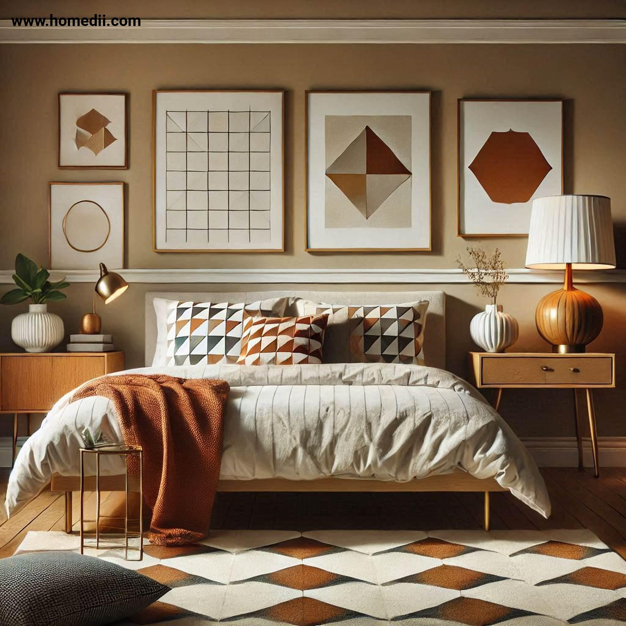 Mid Century Bedroom Tips - Incorporate Geometric Patterns with Geometric Patterns, Bedding, Throw Pillows, Statement Rug!