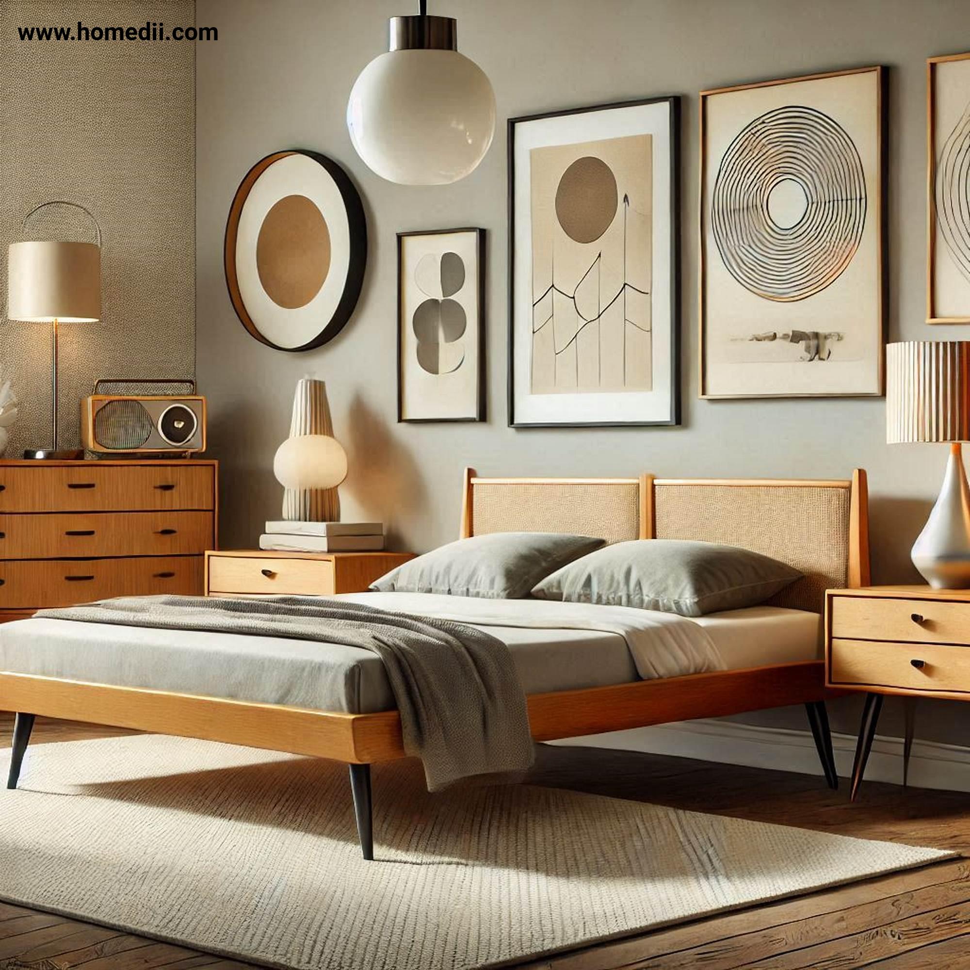 Mid Century Bedroom Tips - Start With Iconic Furniture Pieces with Platform Bed, Tapered Legs, Vintage-Inspired Nightstand, Sleek Dresser!